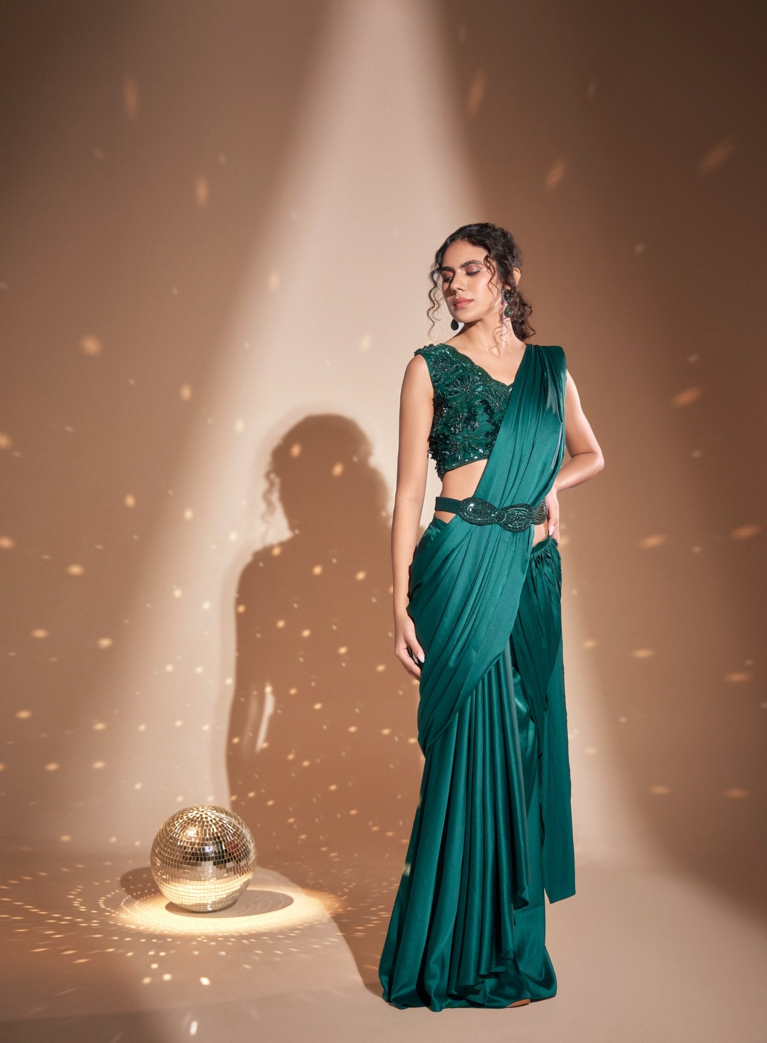 Pre-Draped Waterfall Saree+ Heavy Blouse+ Belt