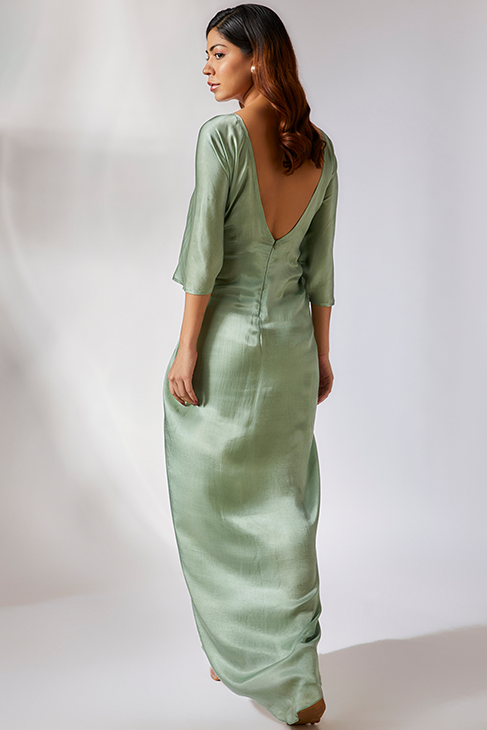 Sage Green Embroidered Draped Dress