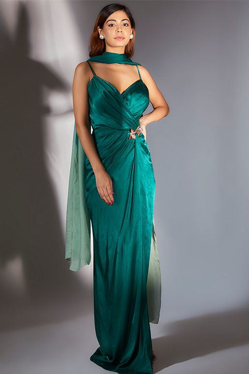 Teal Green Embroidered Draped Dress With Ombre Scarf