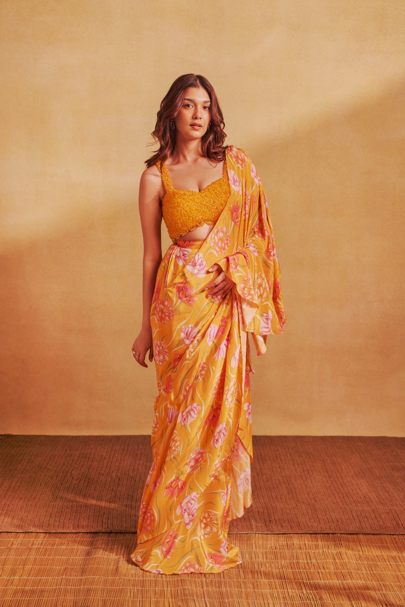 Beaded Blouse + Pre-Stitched Sari Set In Avya