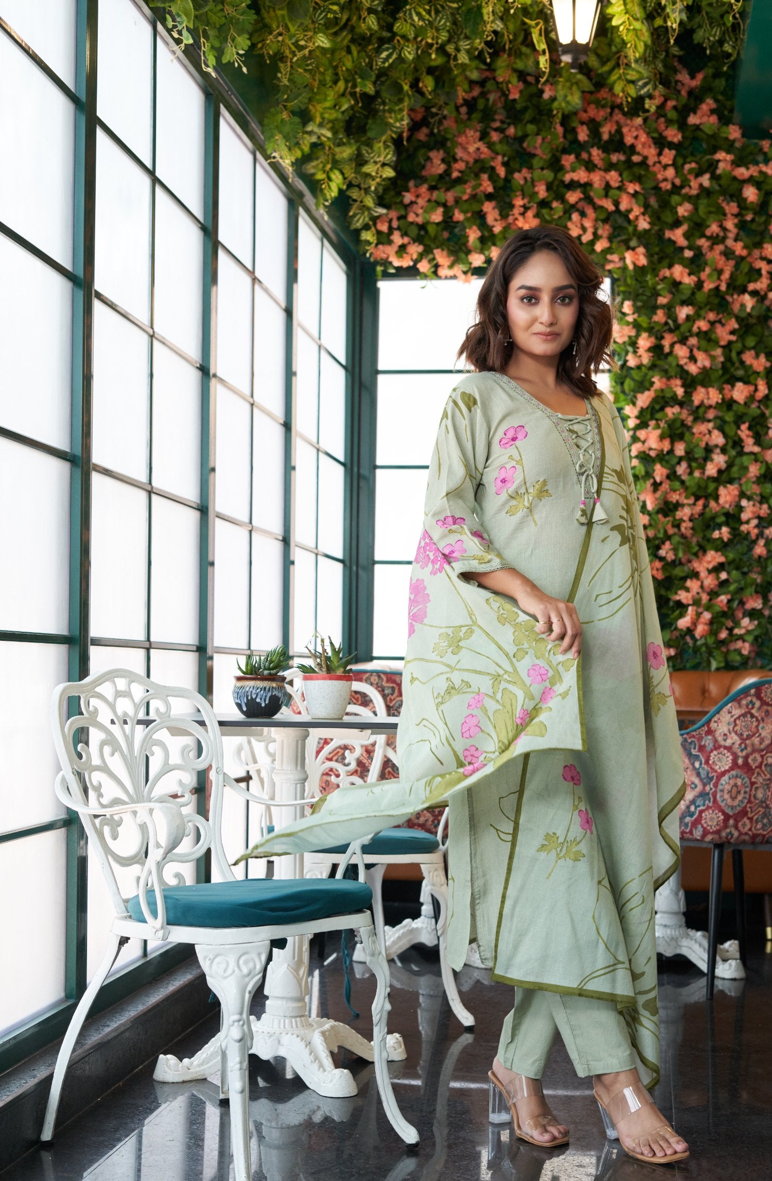 Green Cotton Printed Kurta set with Embroidery