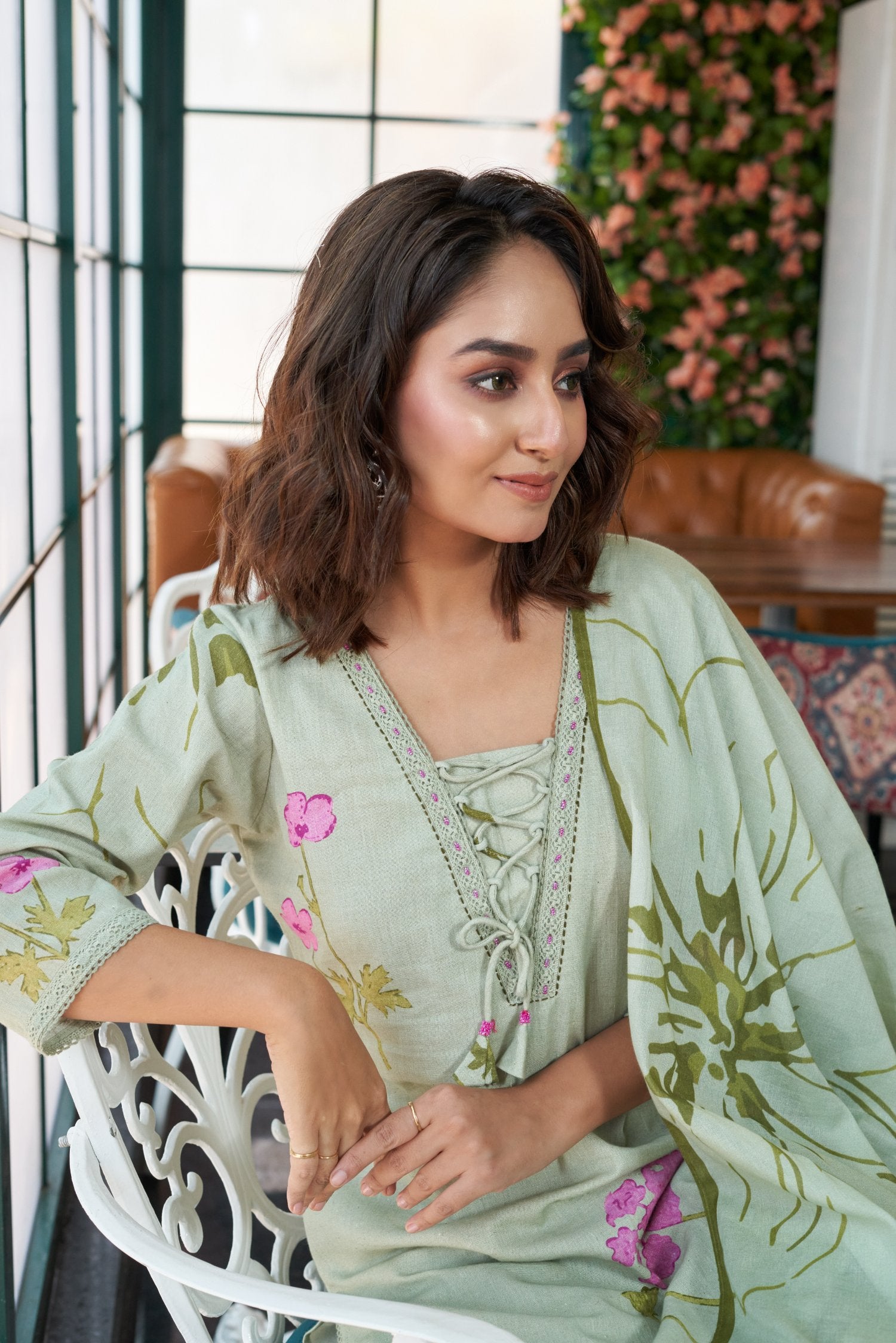 Green Cotton Printed Kurta set with Embroidery