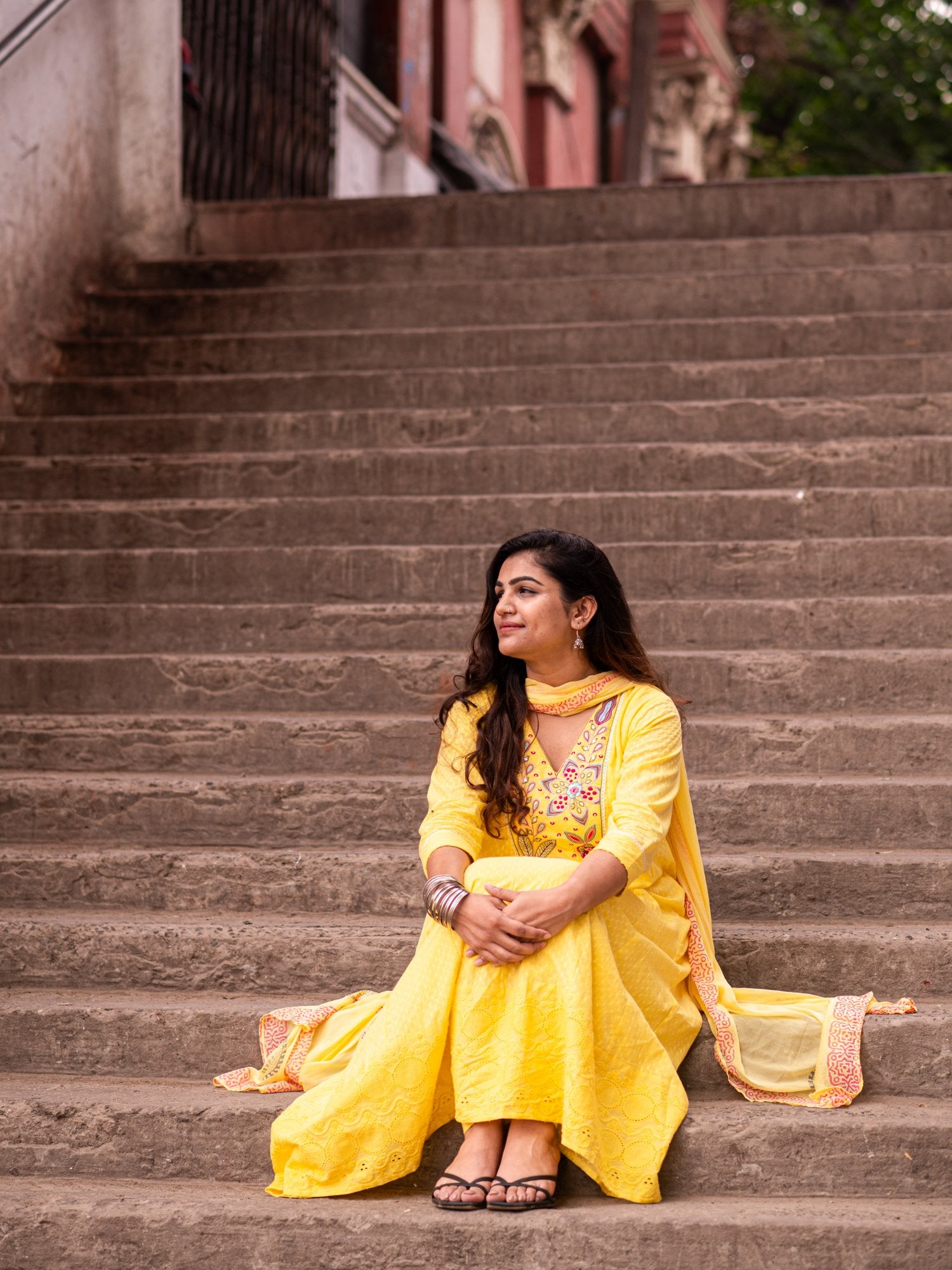 Sunlit Yellow Cotton Printed Kurta set with Embroidery