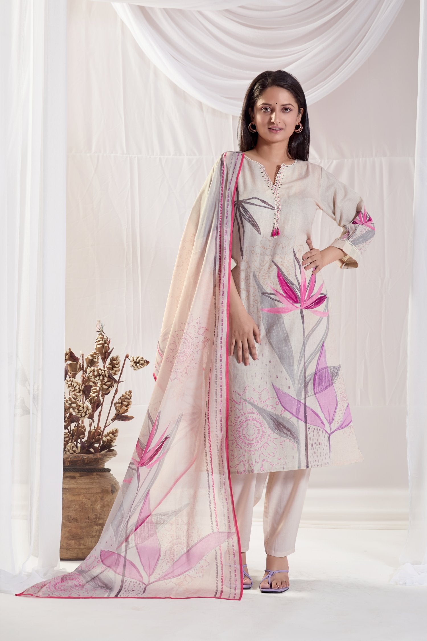 Glacial Off White Cotton Printed Kurta set with Embroidery