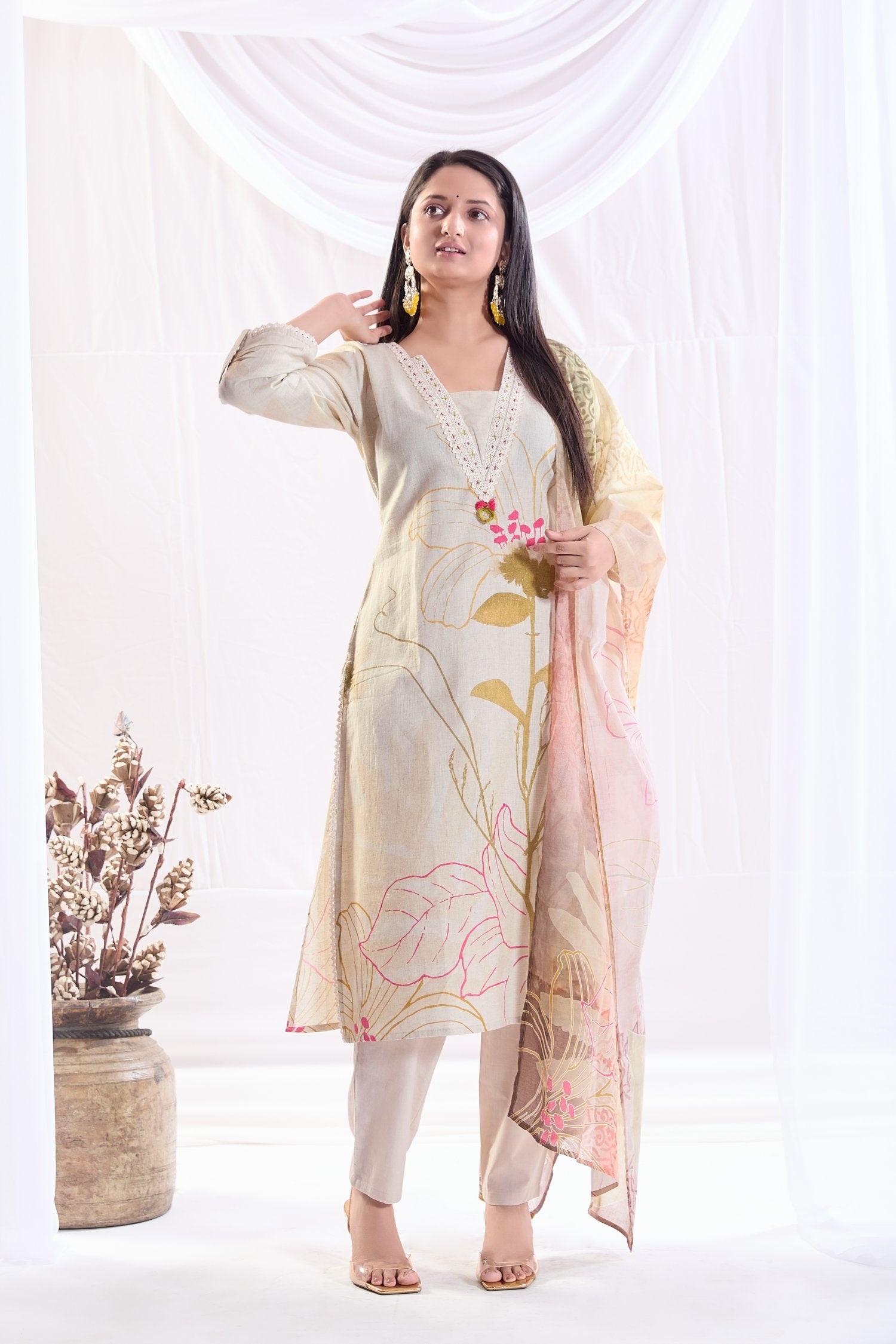 Pearly Off White Cotton Printed Kurta set with Embroidery