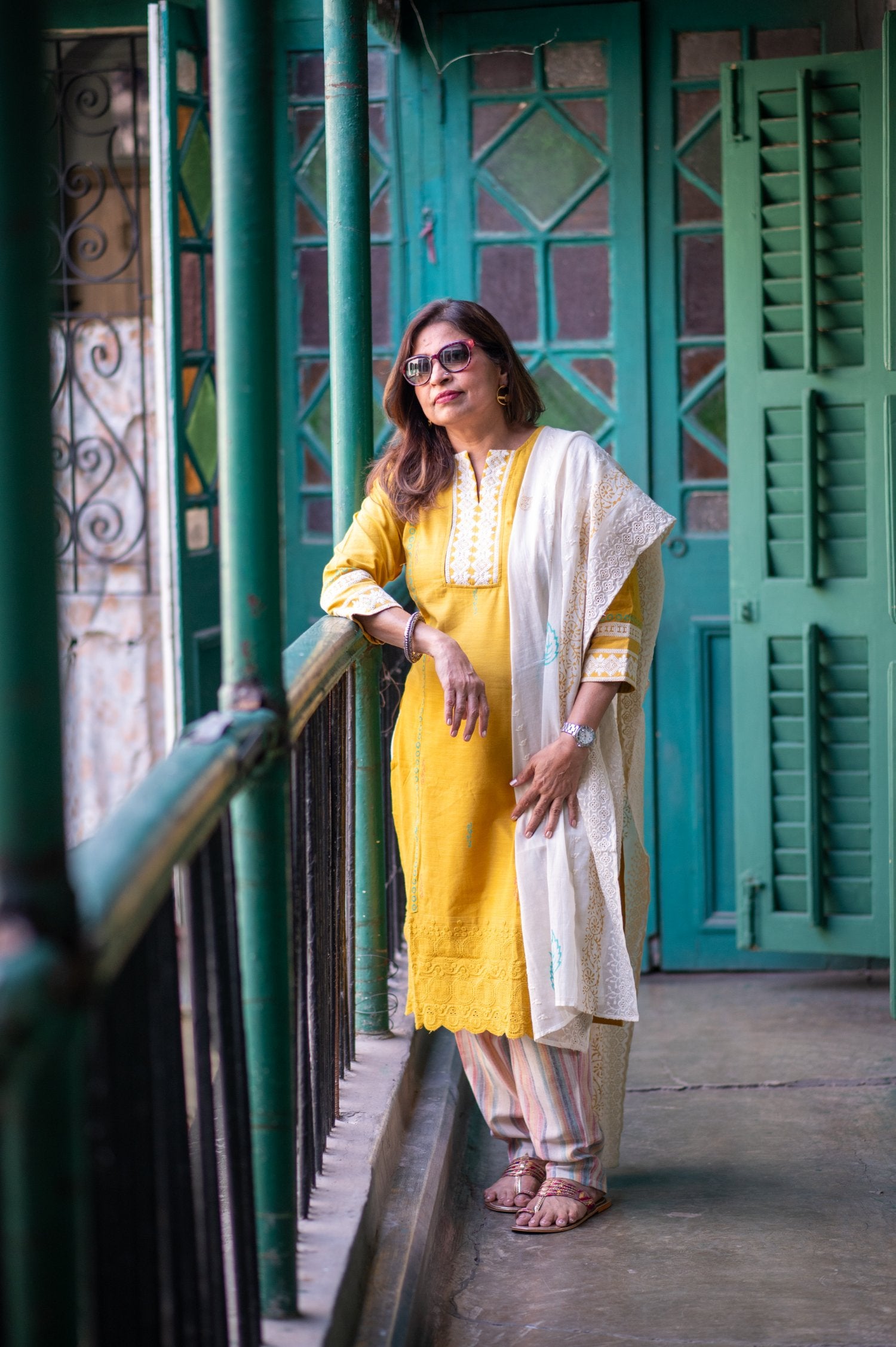 Lumnious Mustard Cotton Printed Kurta set with Embroidery