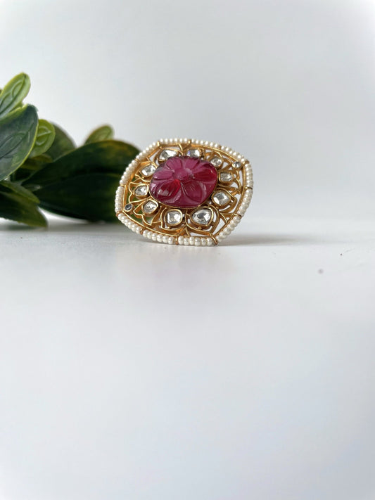 Red carved stone kundan ring