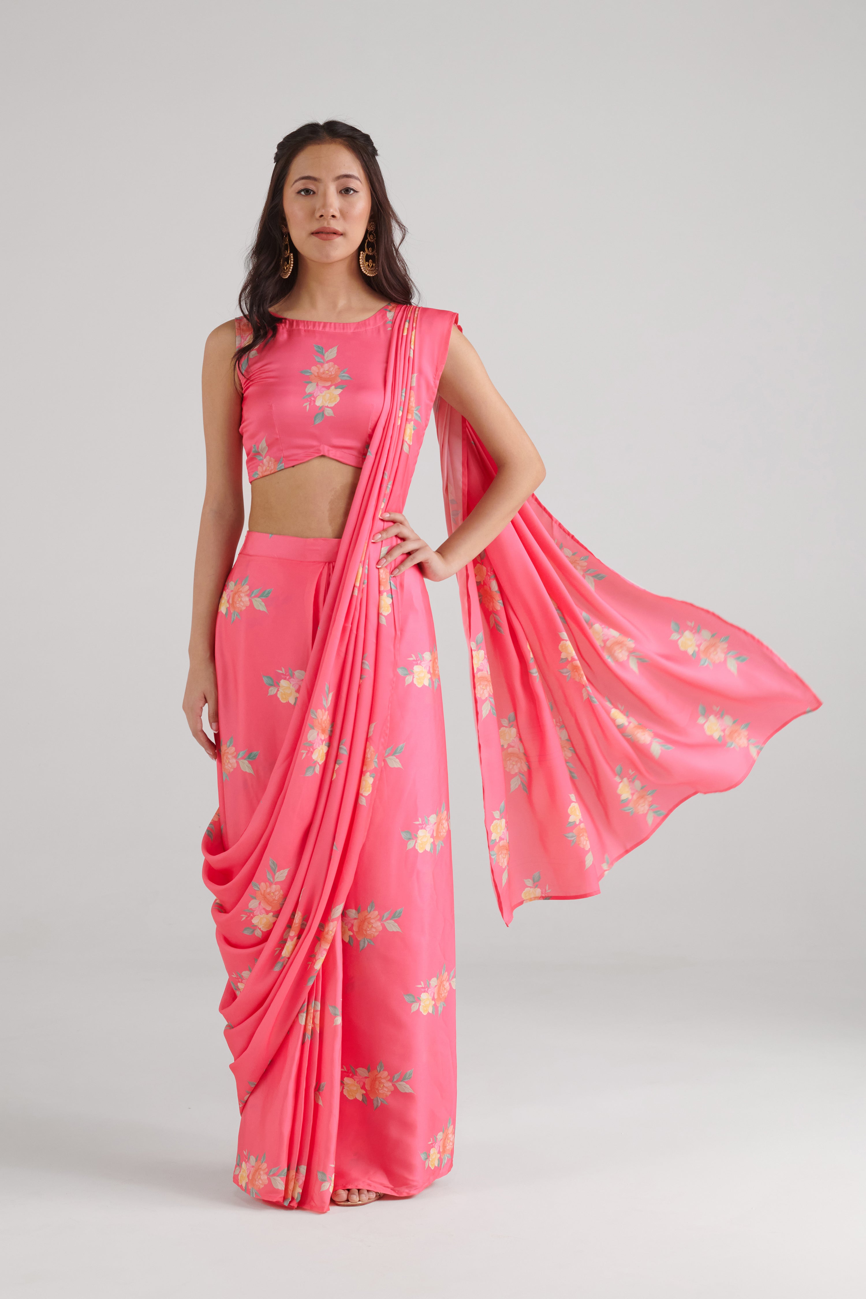 Hot Pink Ready Saree Skirt Set