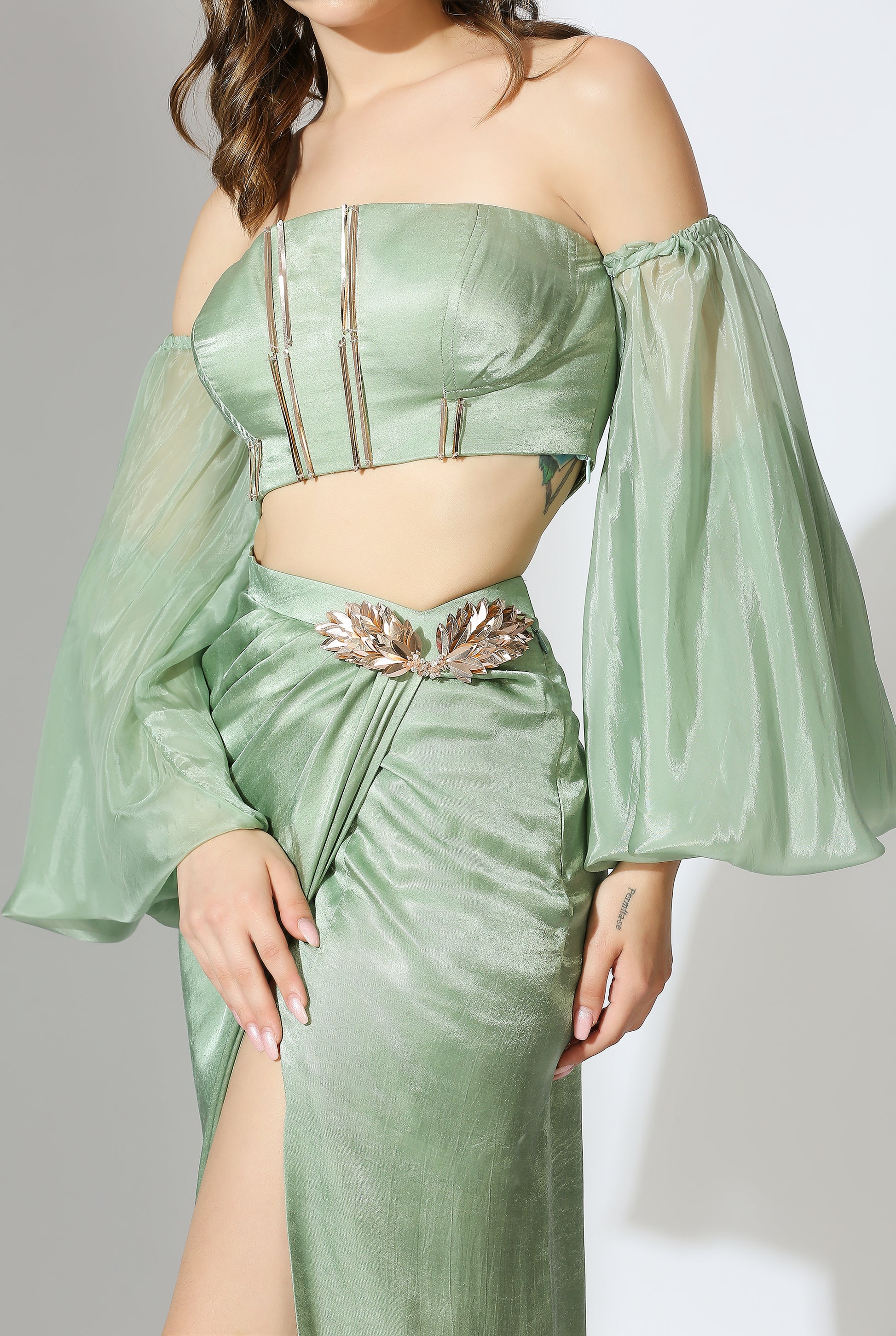 Sage Green Off Shoulder Corset Top With Draped Skirt