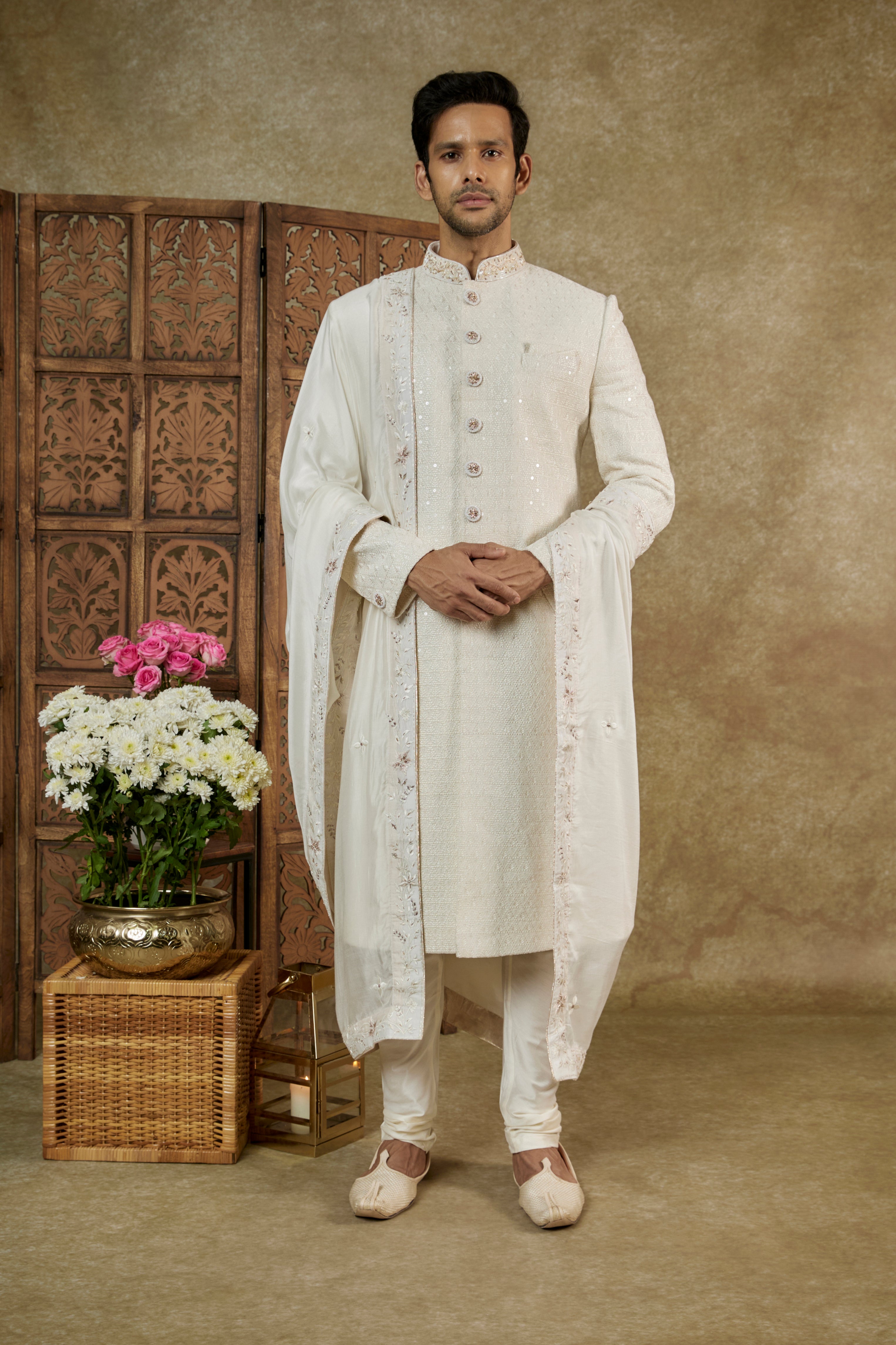 Cream White Lucknowi Velvet Sequinned Sherwani Set