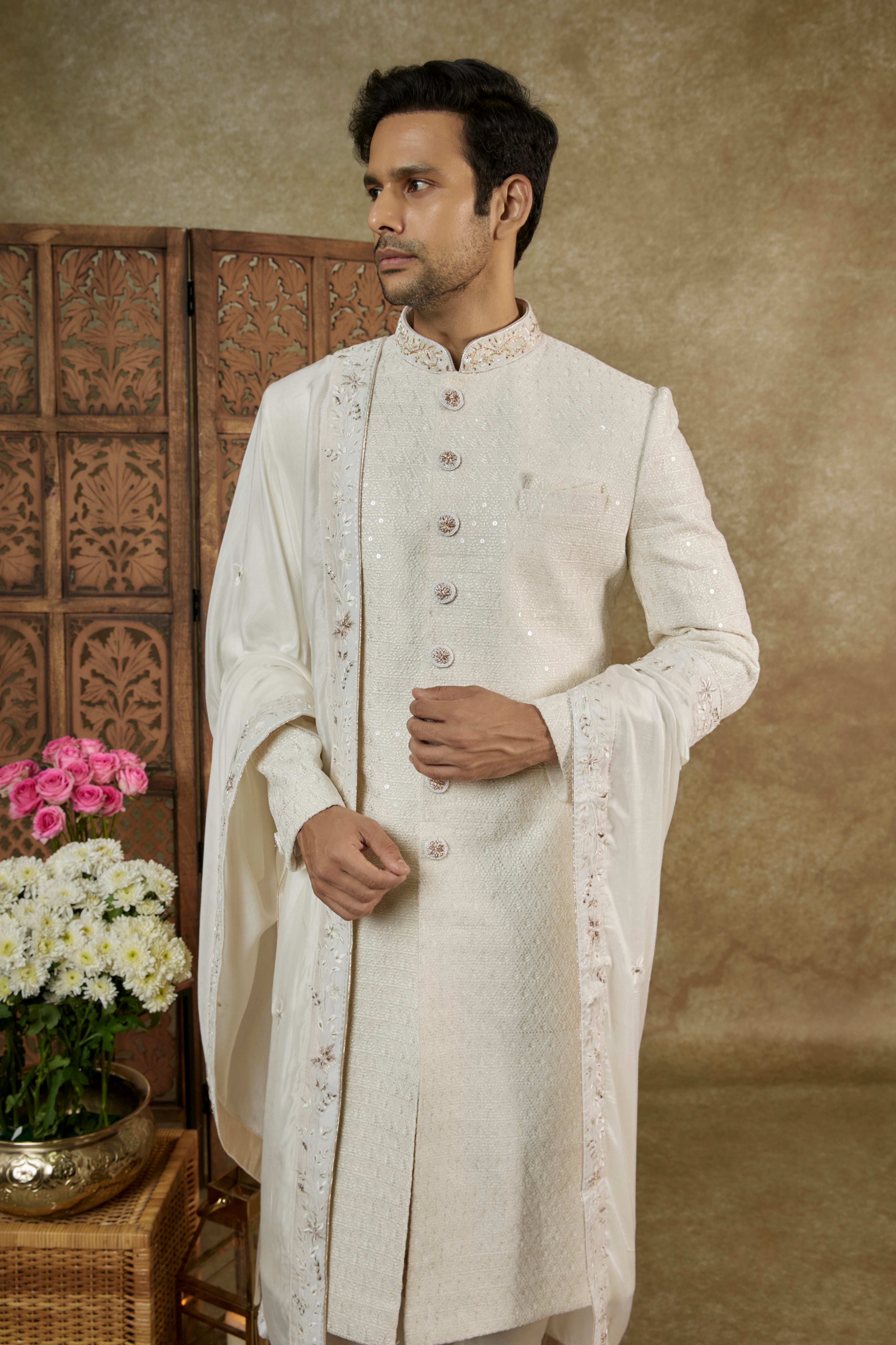 Cream White Lucknowi Velvet Sequinned Sherwani Set