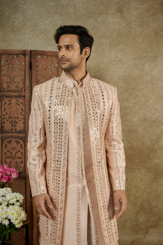 Light Peach Mirror And Resham Embellished Silk Open Indowestern Set