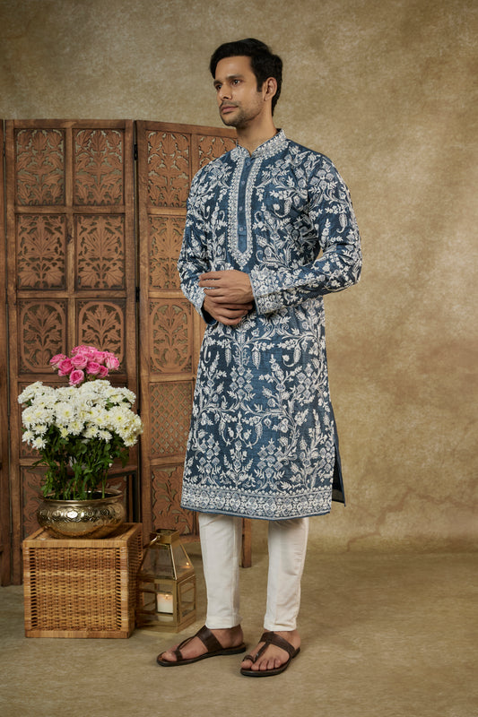 Sapphire Blue Resham Embroidered Splendid Silk Kurta Set