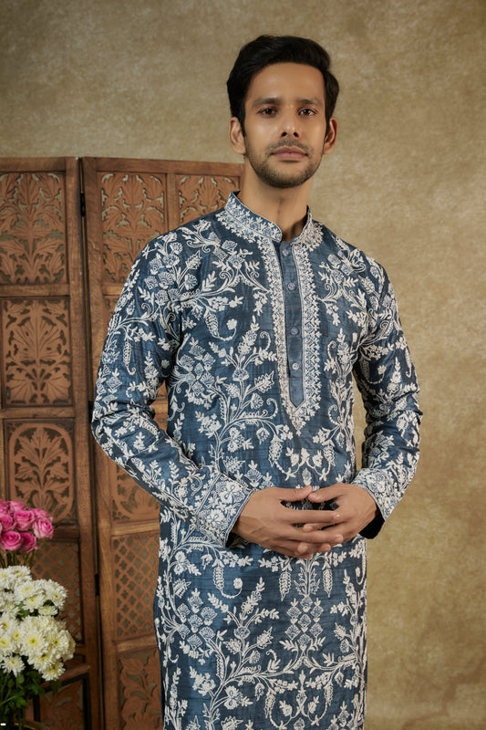 Sapphire Blue Resham Embroidered Splendid Silk Kurta Set