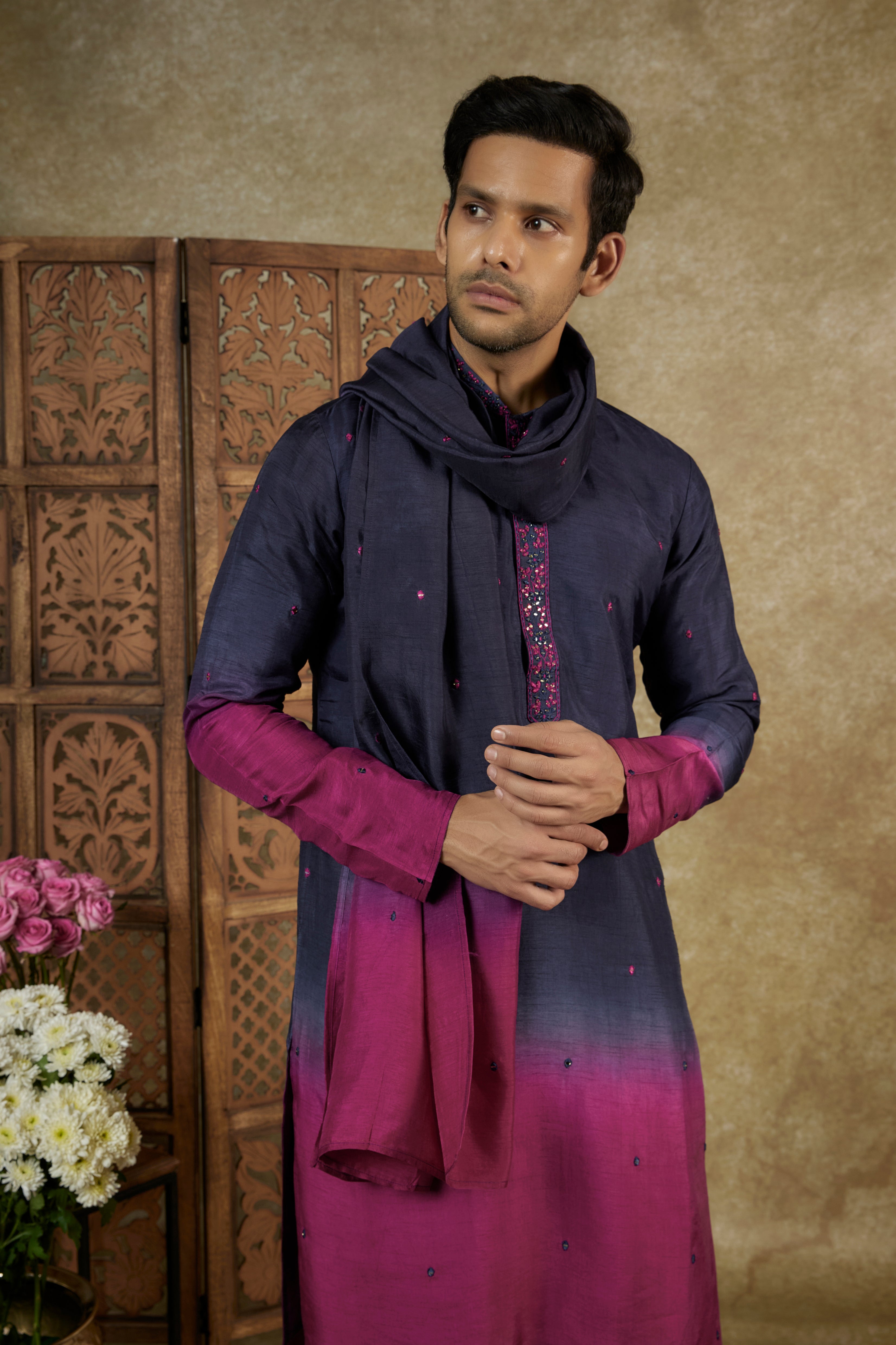 Ombre Berry Mirror And Resham Silk Kurta Set