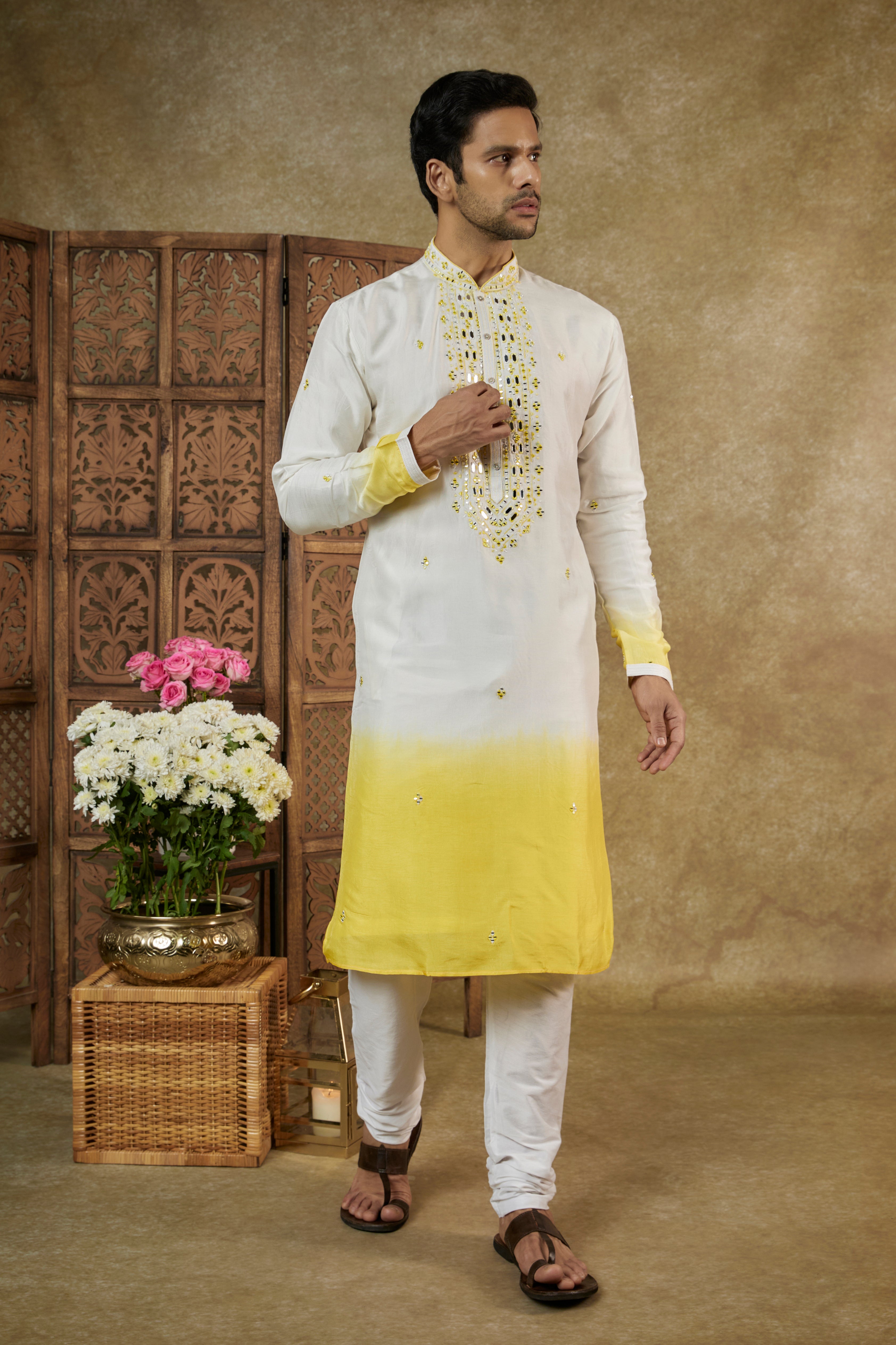 Ombre Lime White Mirror And Resham Silk Kurta Set