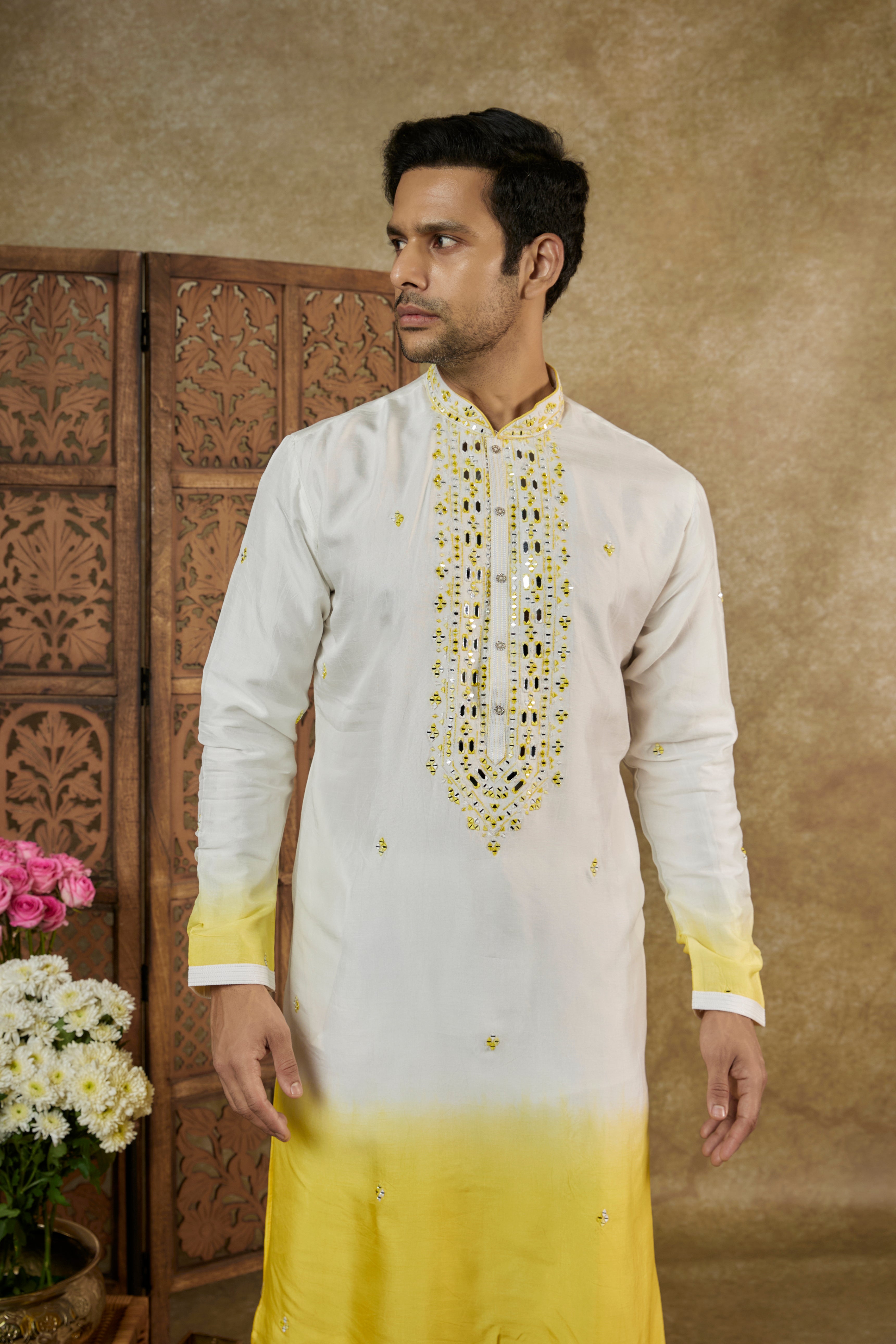 Ombre Lime White Mirror And Resham Silk Kurta Set