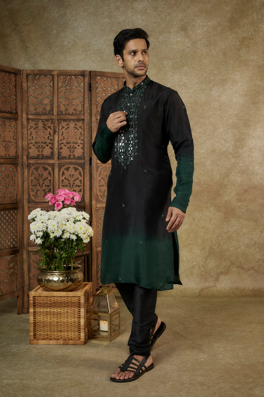 Ombre Green Black Mirror And Resham Silk Kurta Set