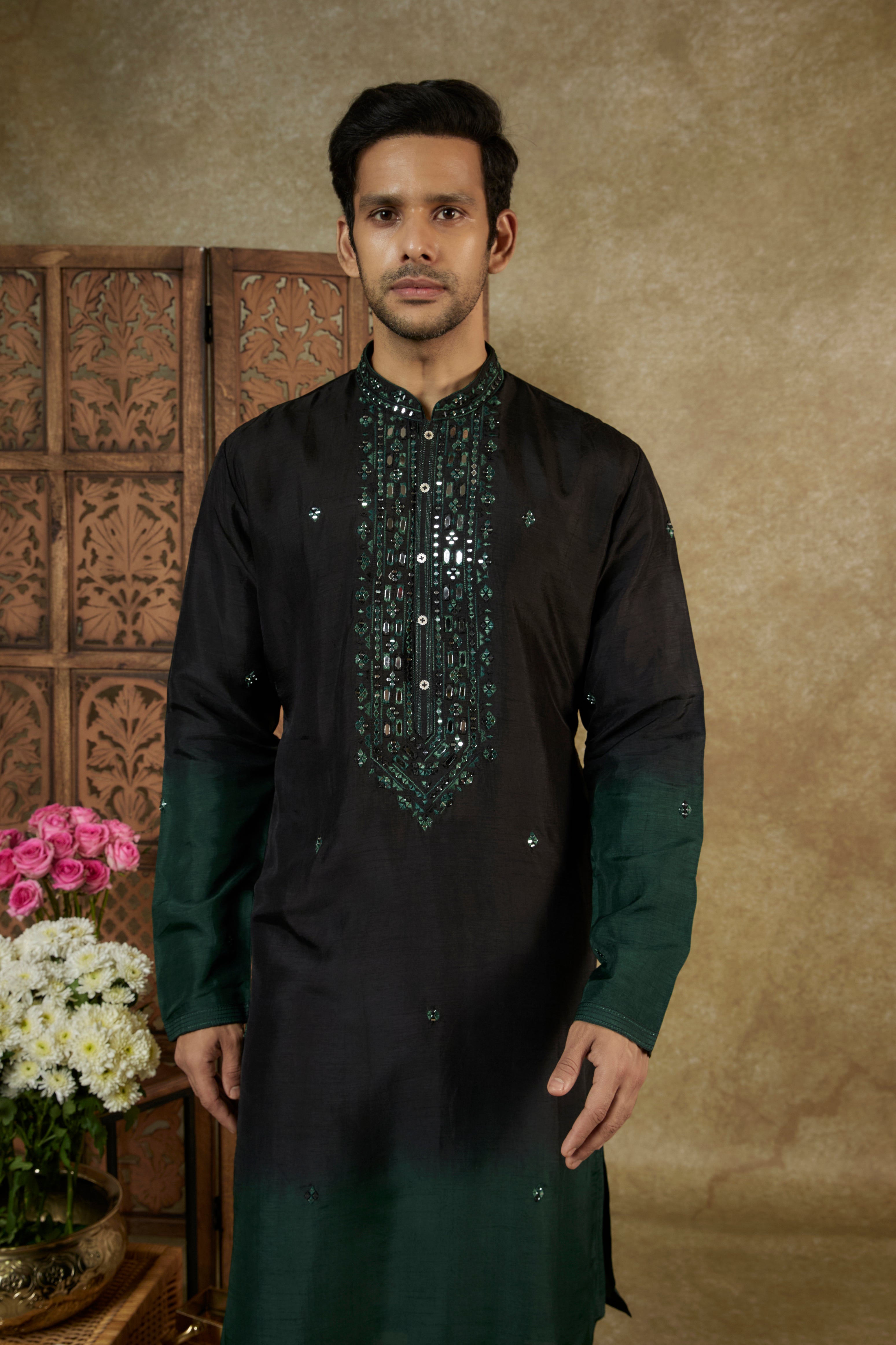 Ombre Green Black Mirror And Resham Silk Kurta Set