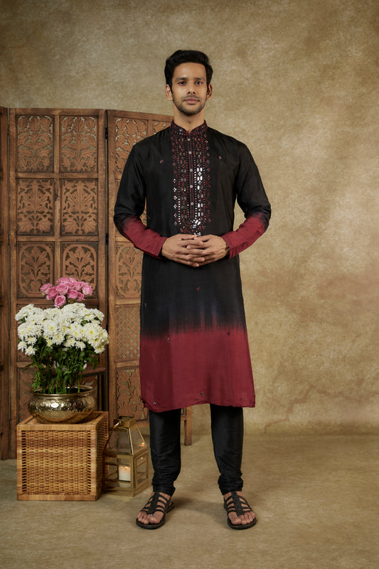 Ombre Black Garnet Mirror And Resham Silk Kurta Set