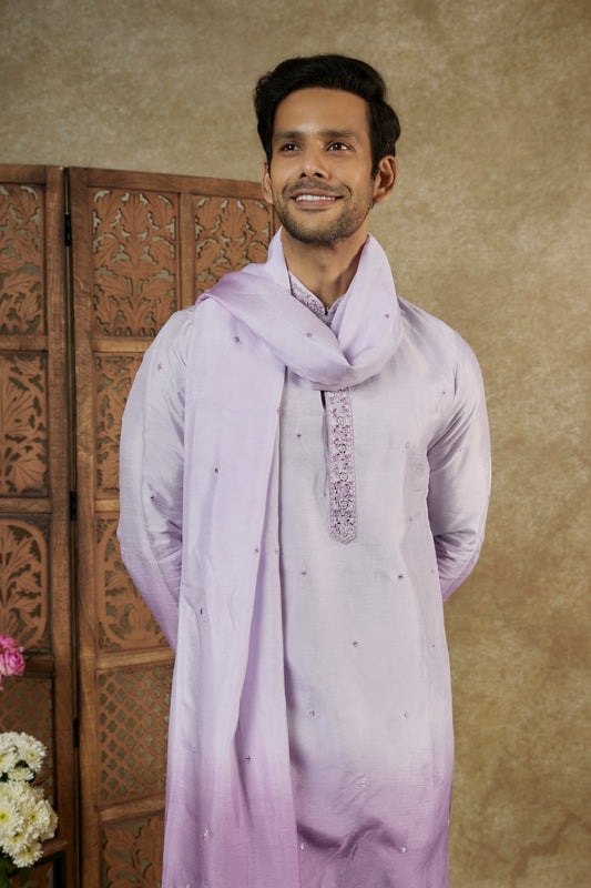 Ombre White Lilac Mirror And Resham Silk Kurta Set