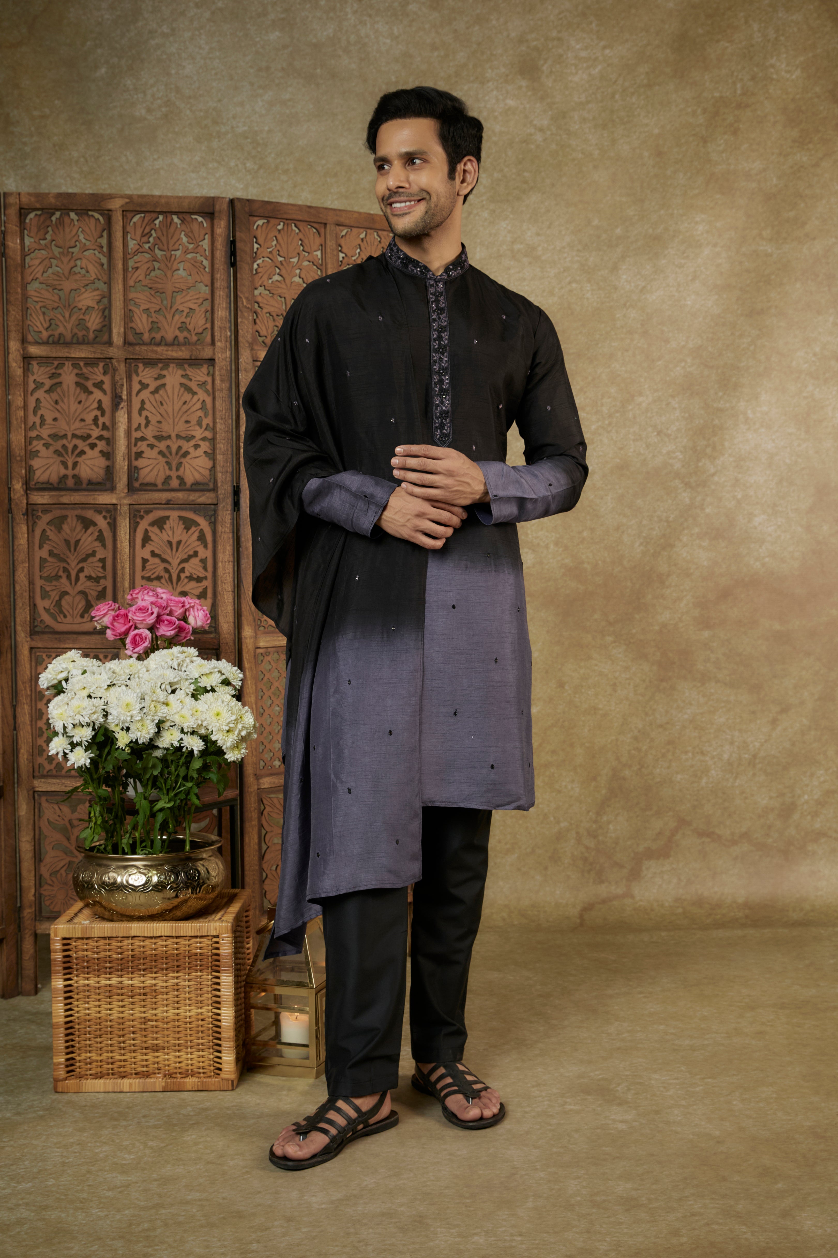 Ombre Midnight Purple Mirror And Resham Silk Kurta Set