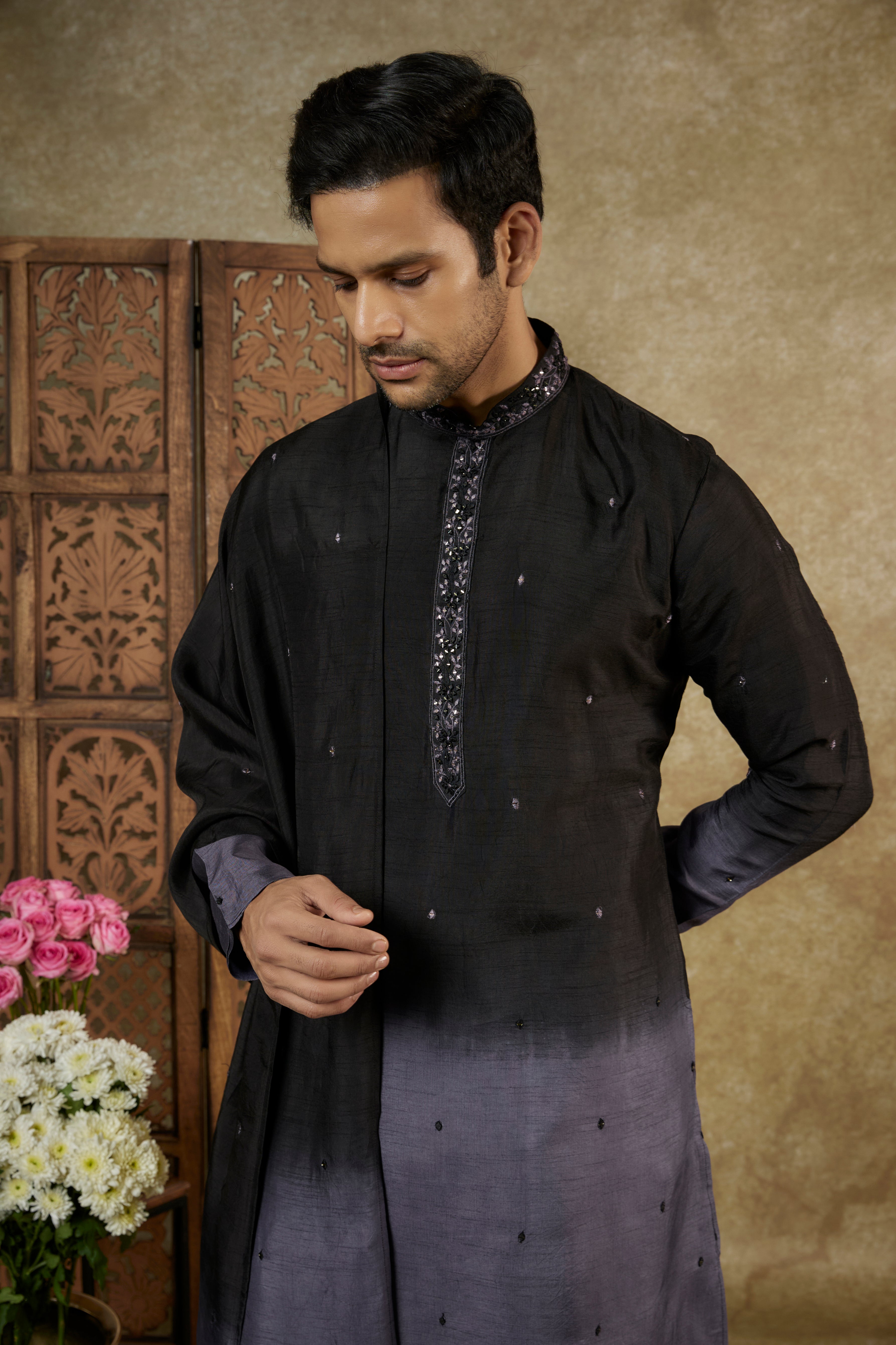 Ombre Midnight Purple Mirror And Resham Silk Kurta Set