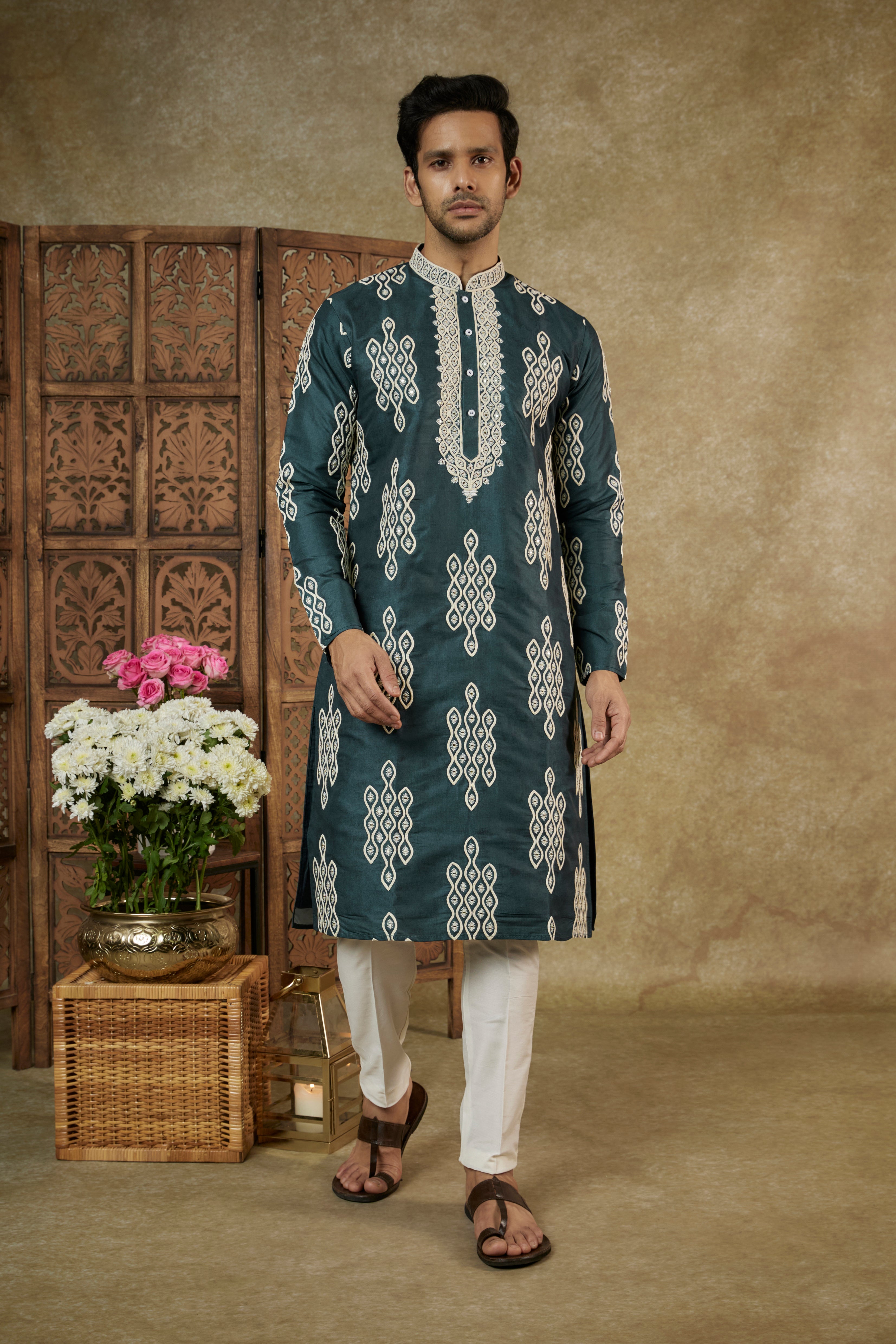 Pine Green Resham Silk Kurta Set