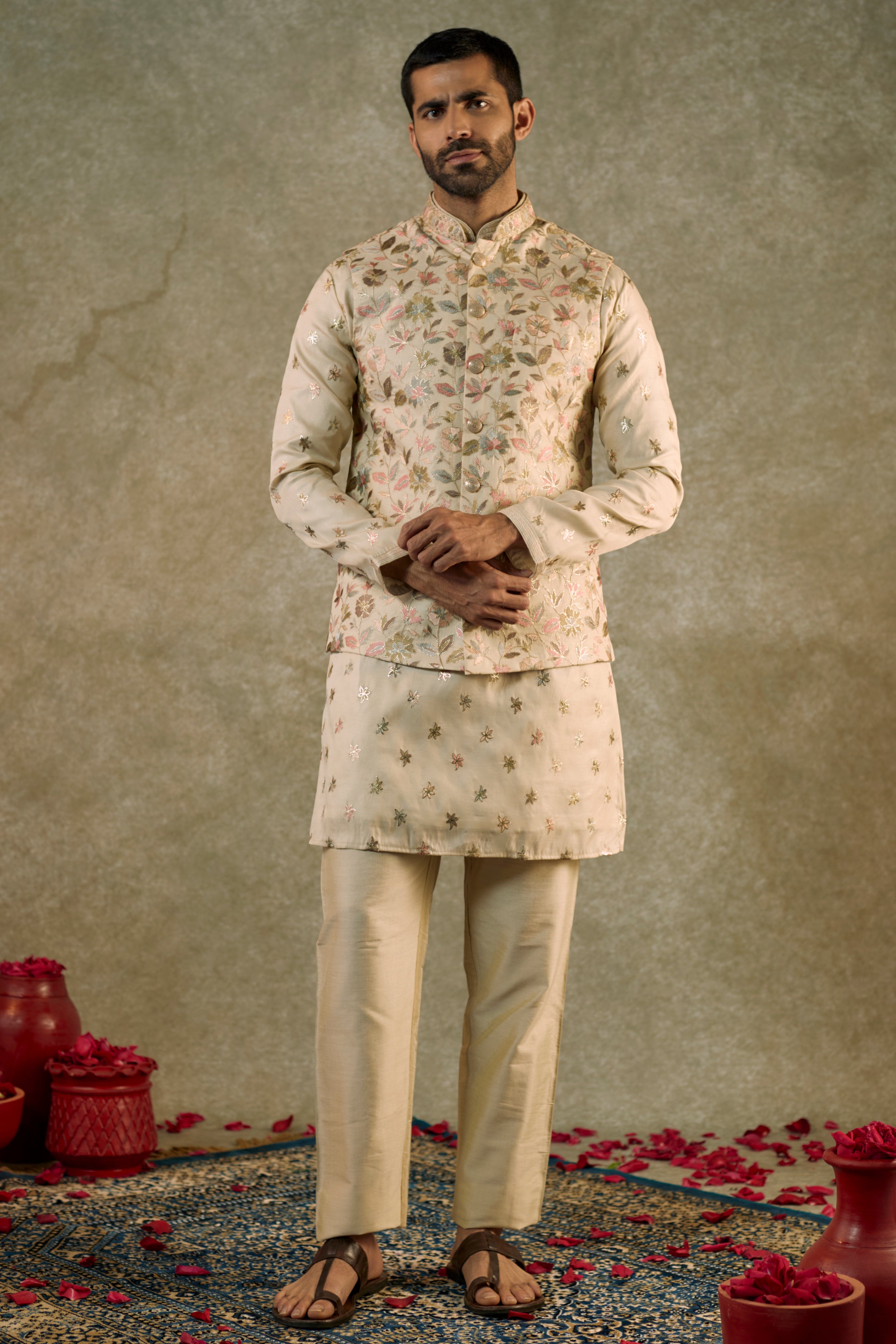 Granola Cream Cream Chanderi silk resham Kurta jacket set