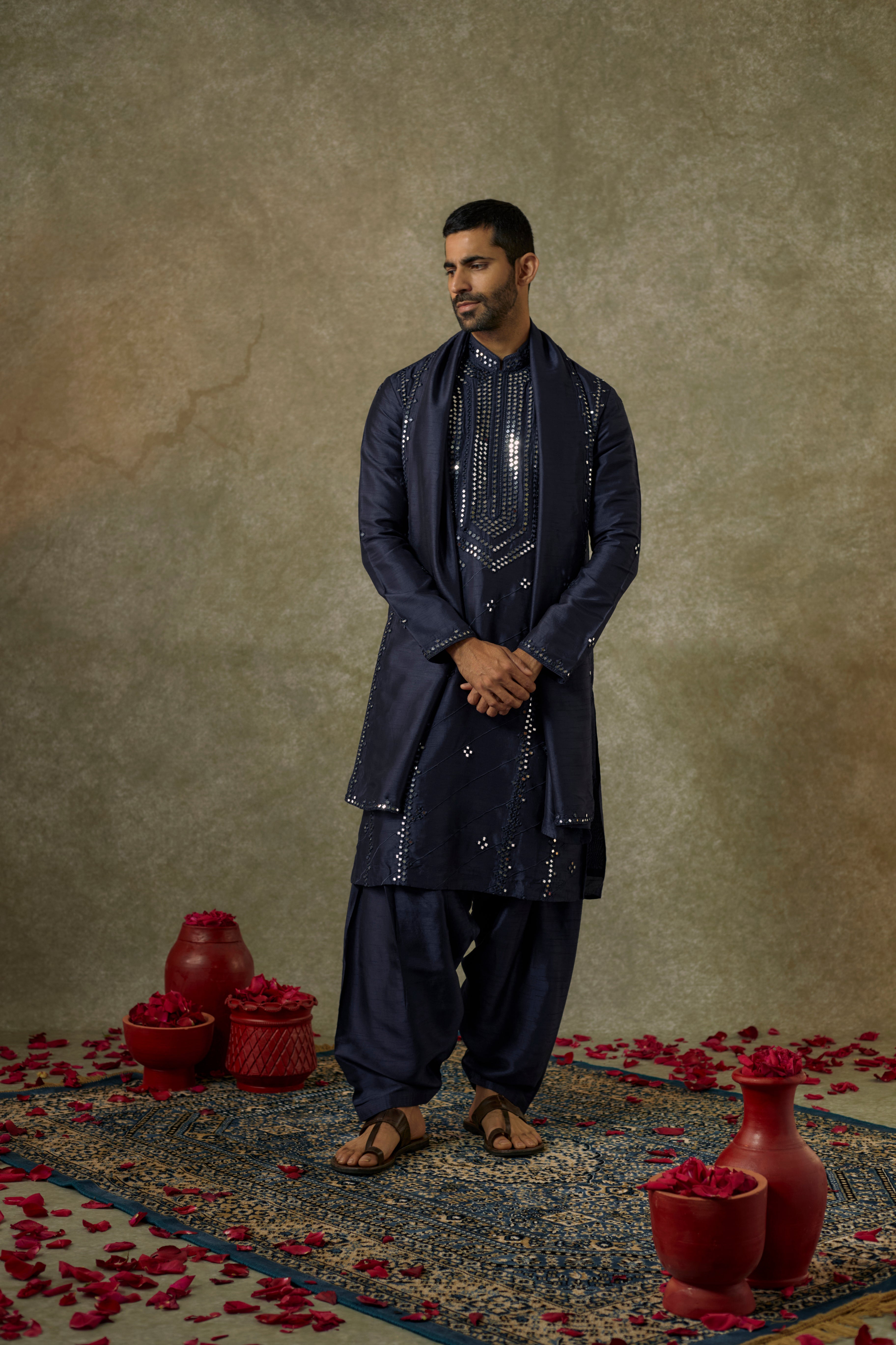 Midnight Blue art silk mirror embroidered patiala suit set