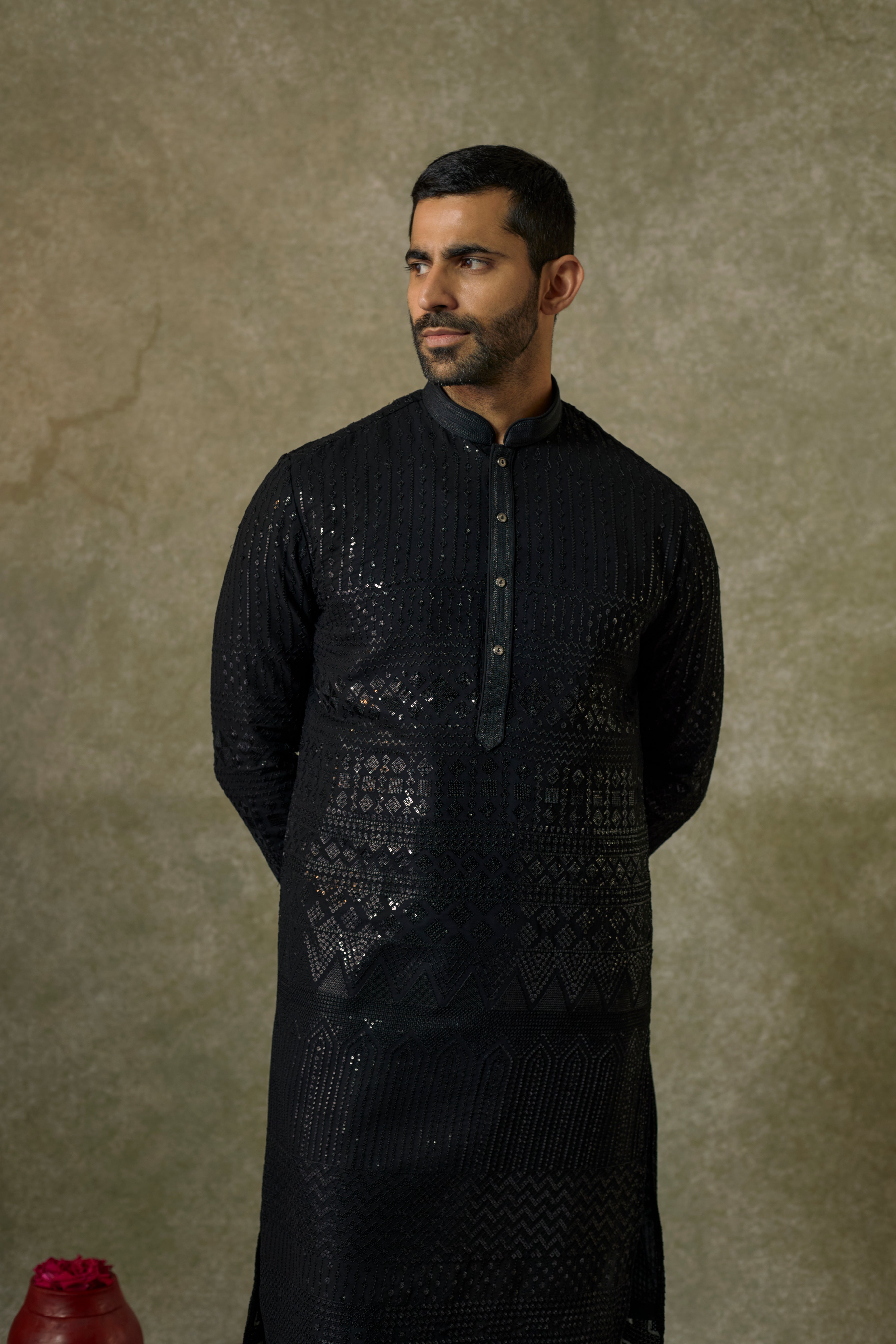 Jet Black Sequins Lucknowi Kurta Pajama Set