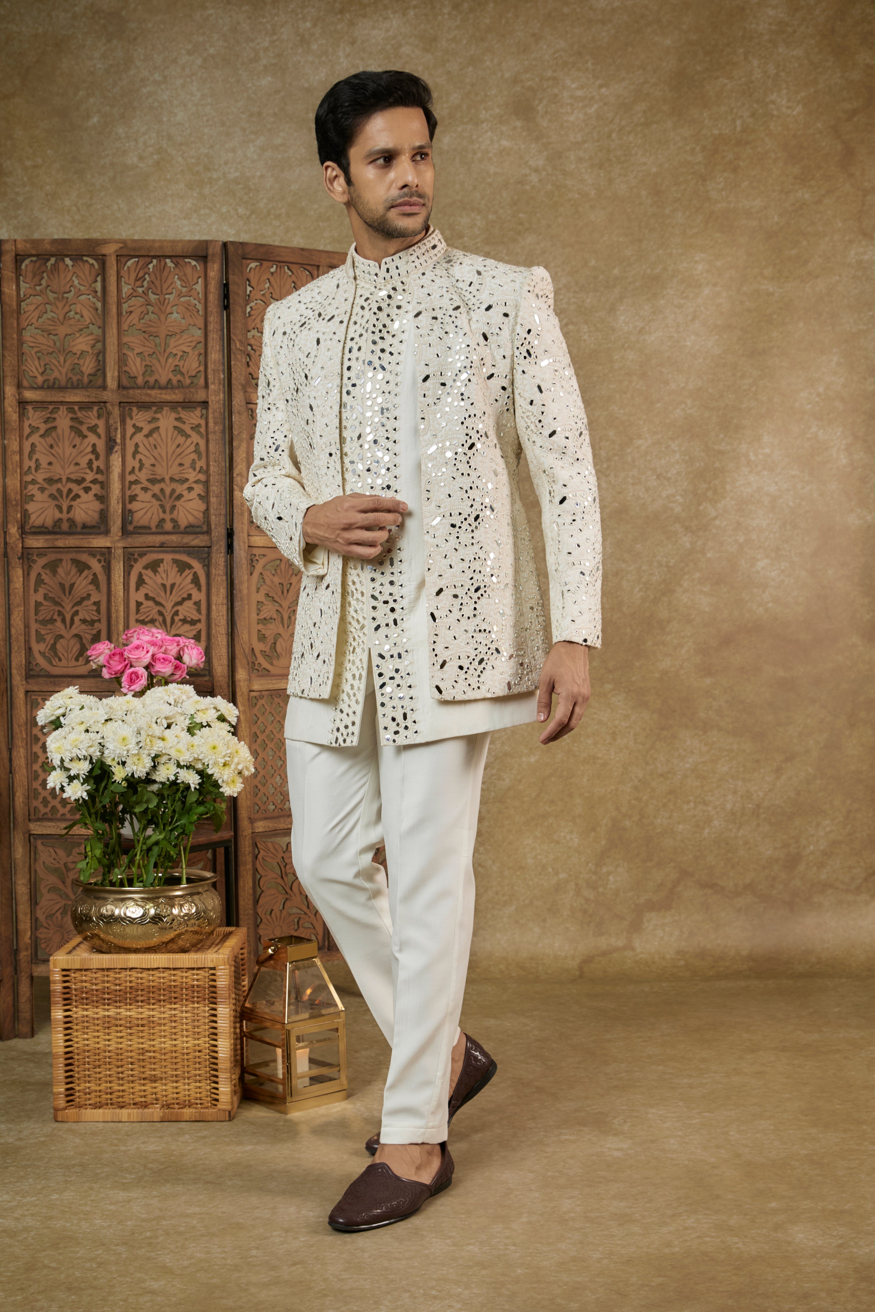 Daisy White Mirror And Resham Embellished Silk Open Indowestern Set