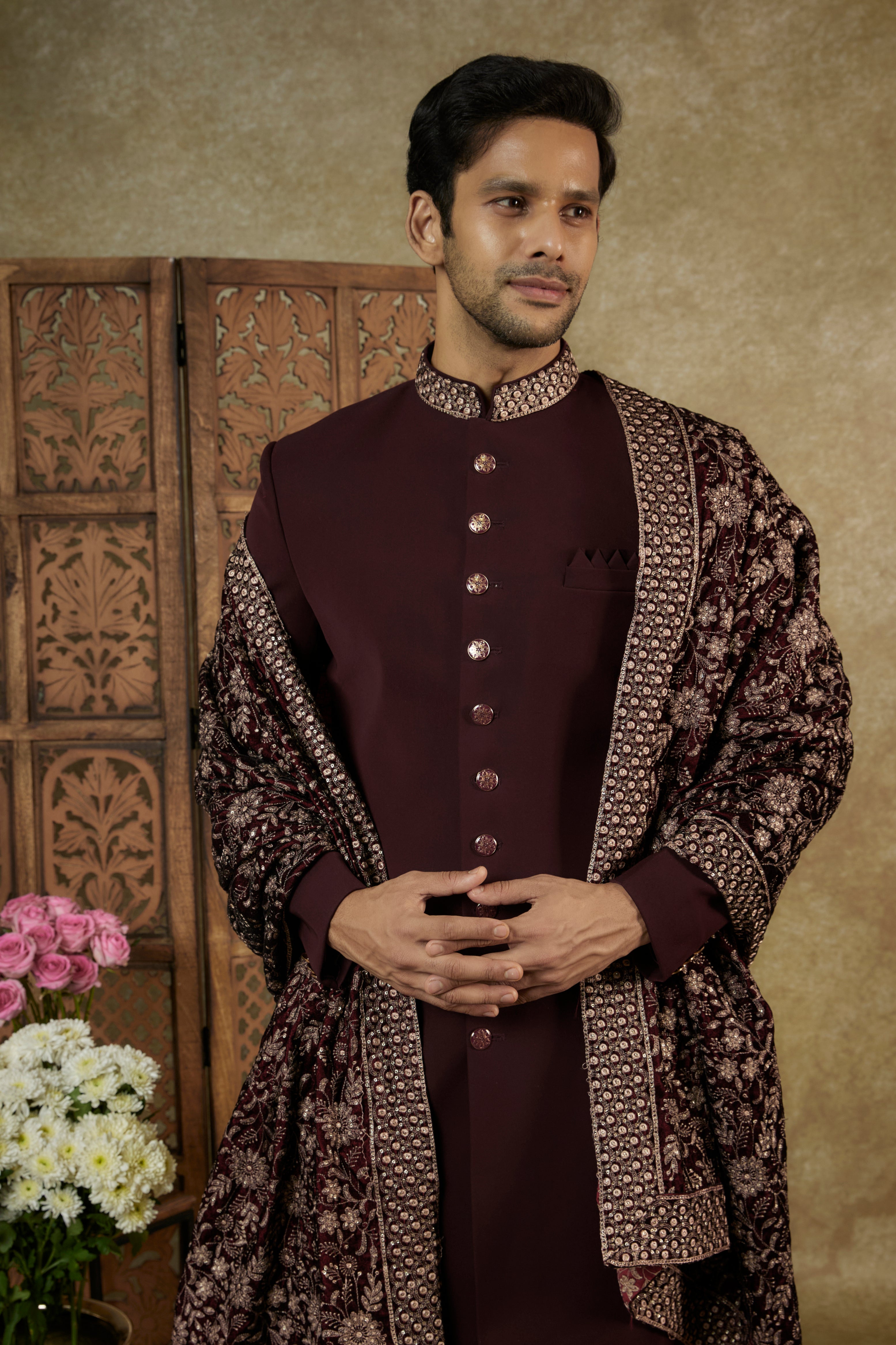 Deep Maroon Lucknowi Velvet Nawabi Sherwani Set