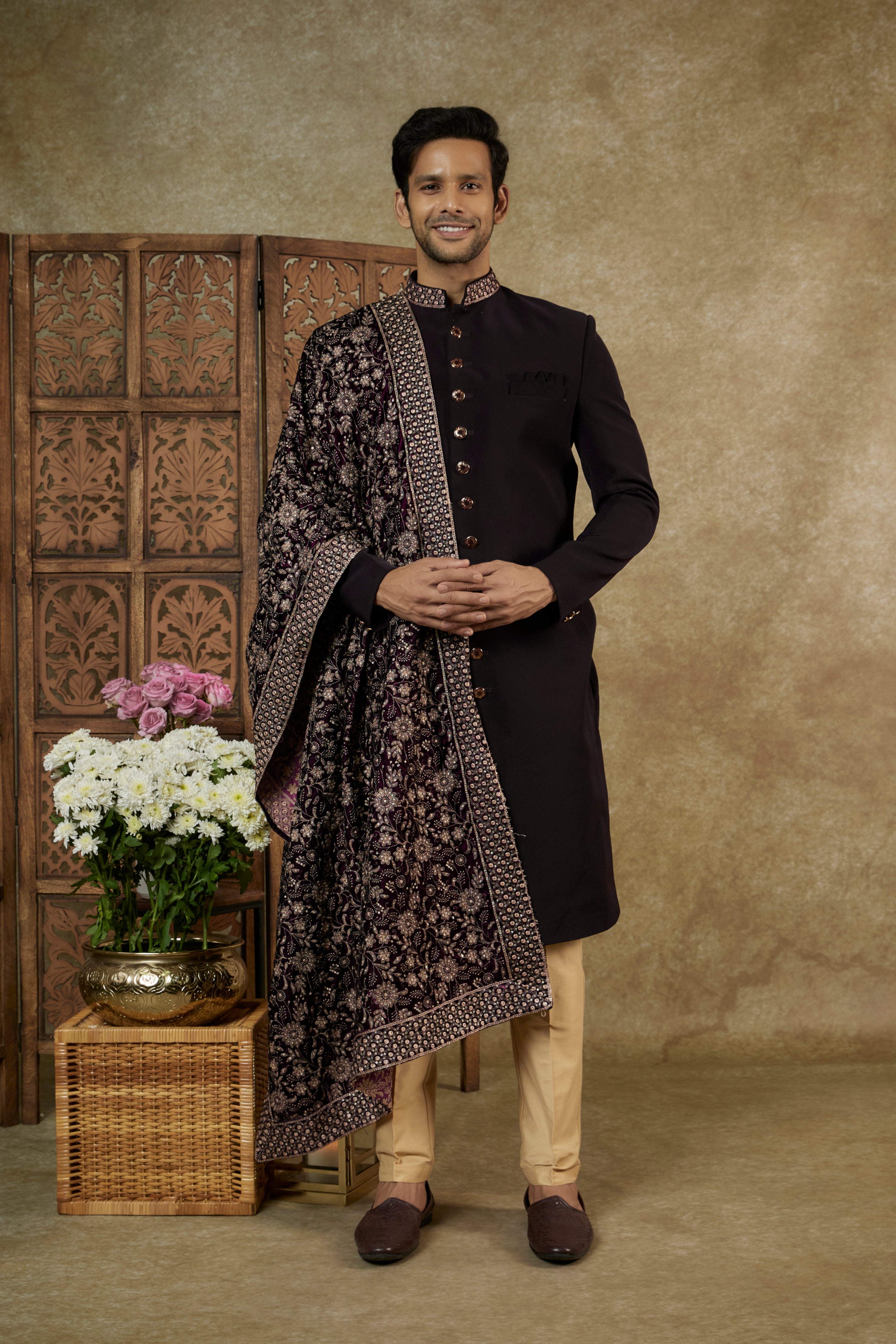 Sangria Wine Lucknowi Velvet Nawabi Sherwani Set