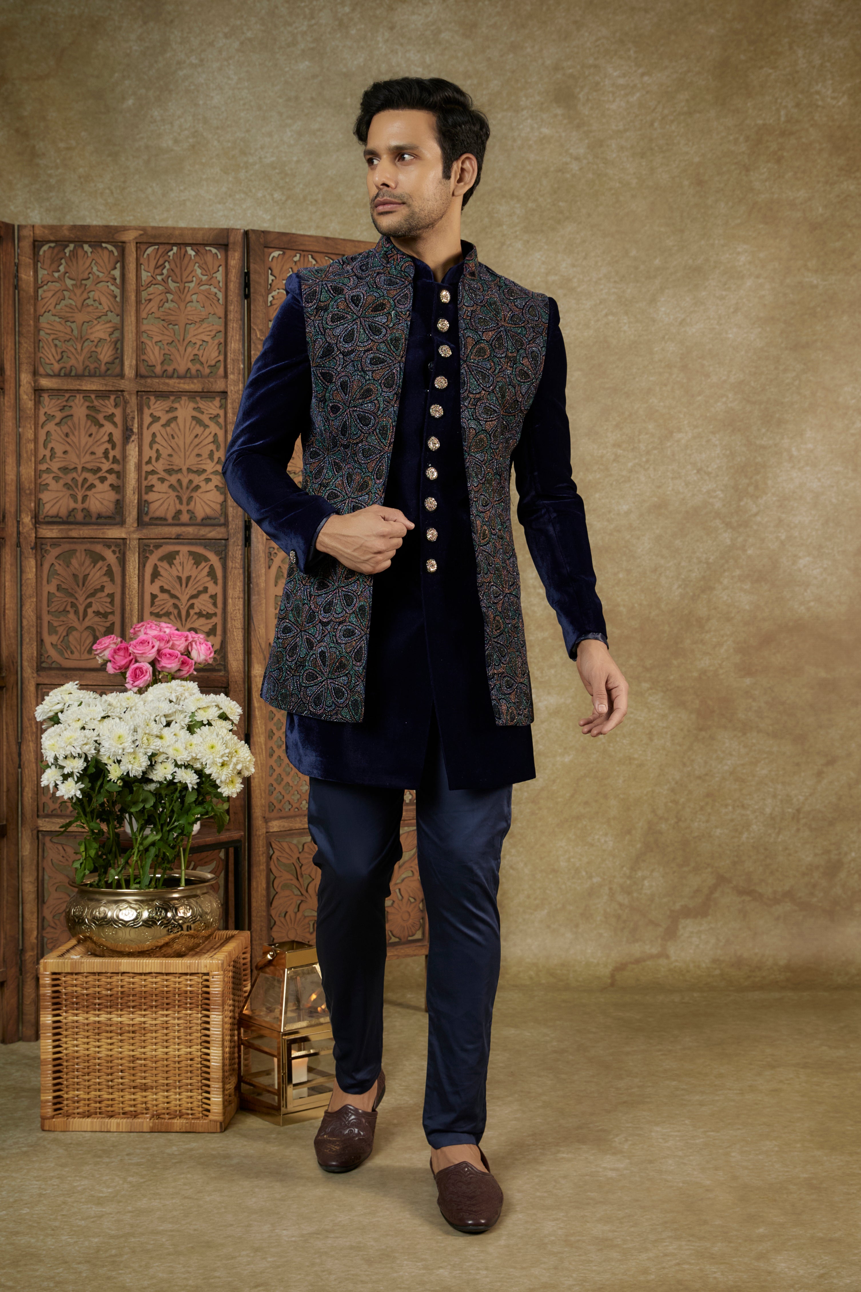 Navy Blue Velvet Jacquard Open Indowestern Set