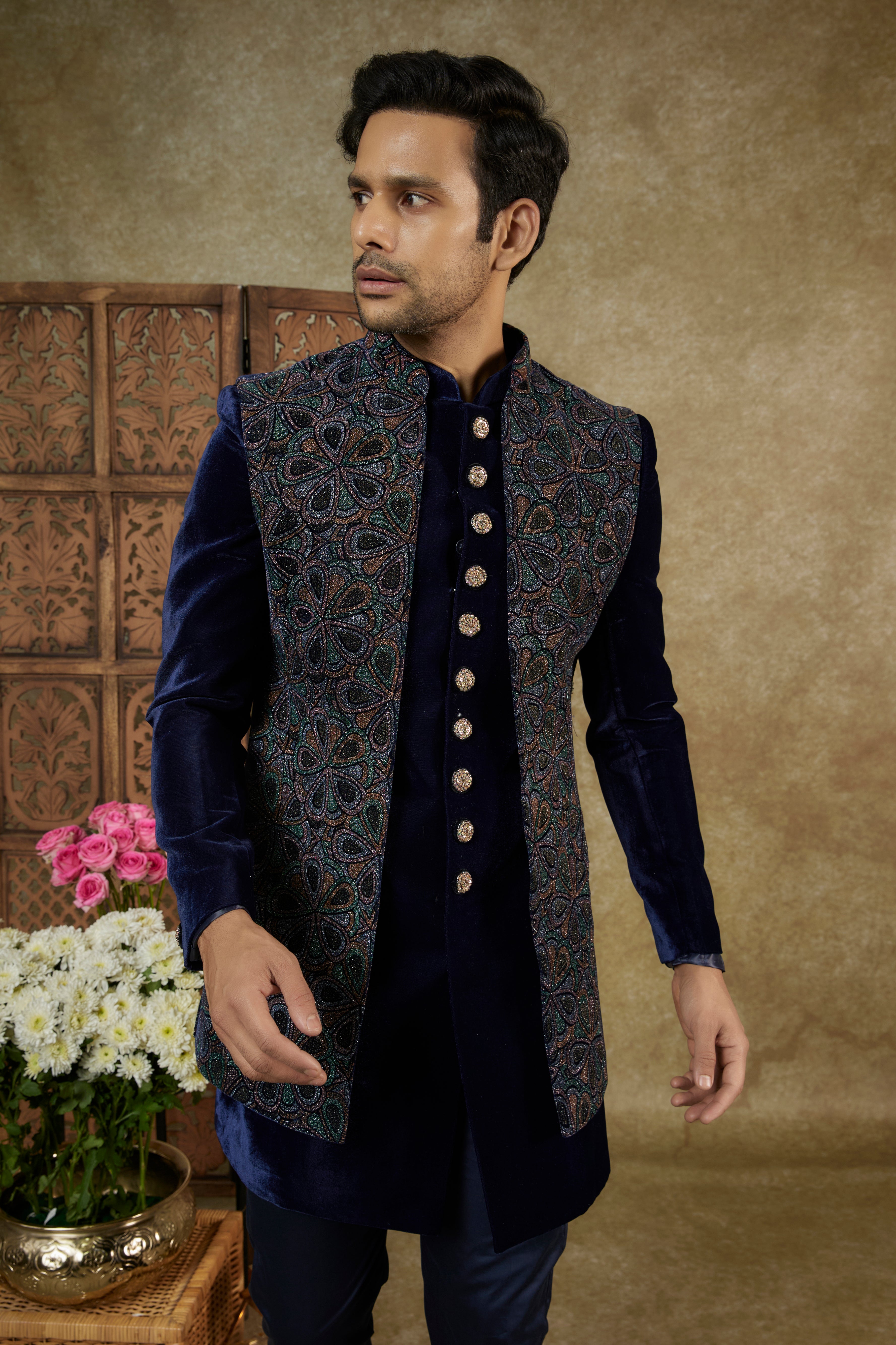 Navy Blue Velvet Jacquard Open Indowestern Set