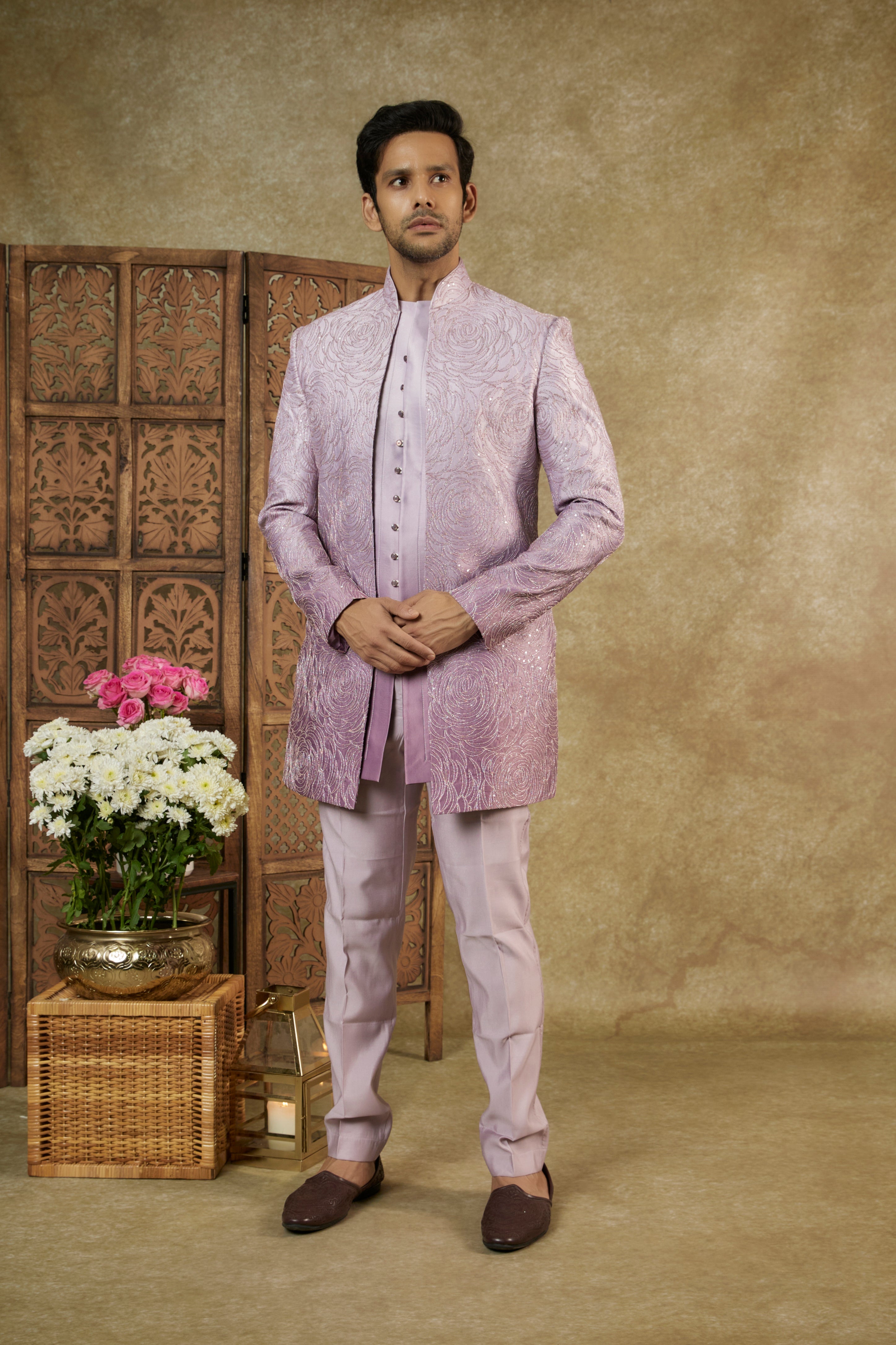 Ombre Orchid Sharting Silk Open Indowestern Set With Dori Work