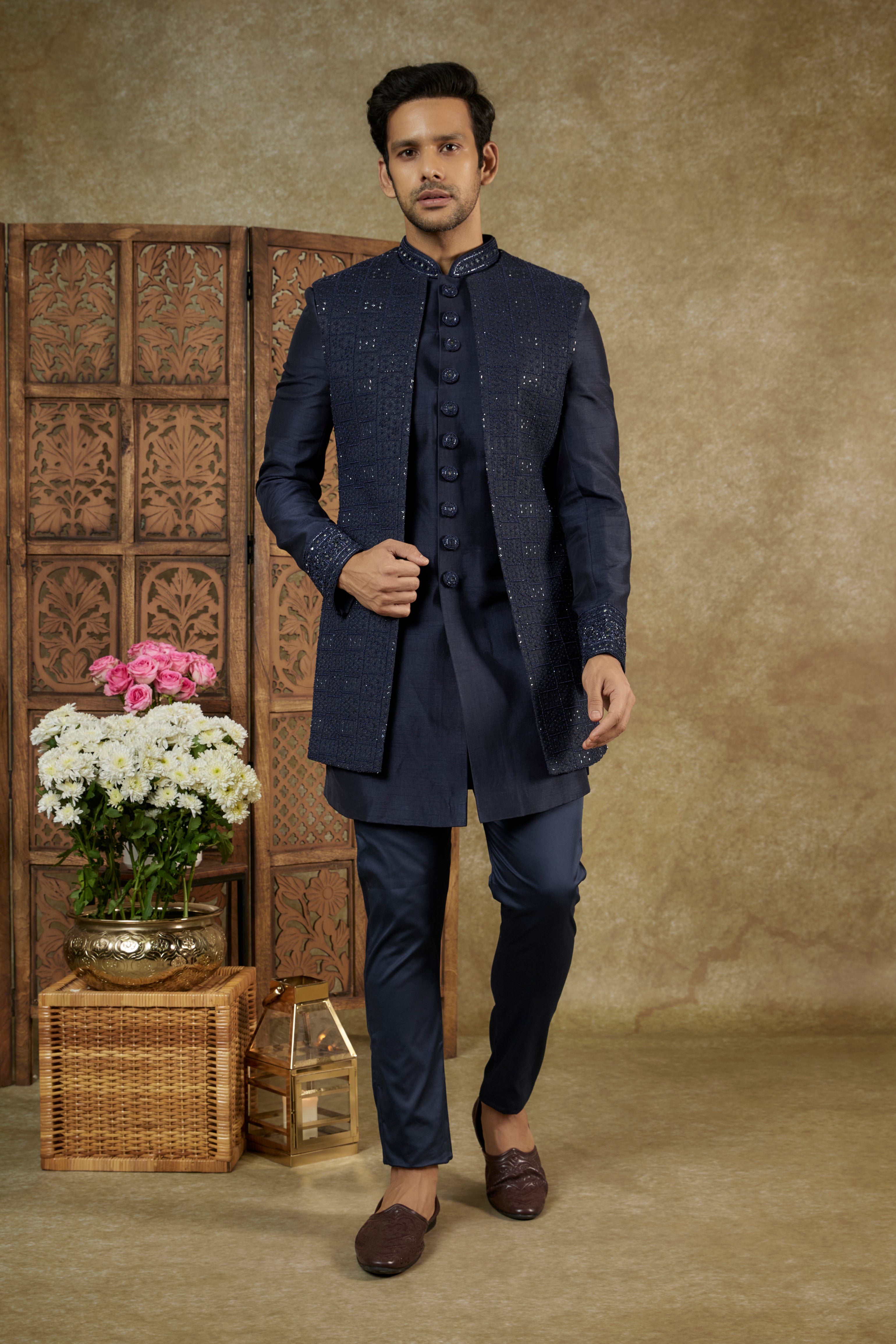 Indigo Blue Silk Open Indowestern Set