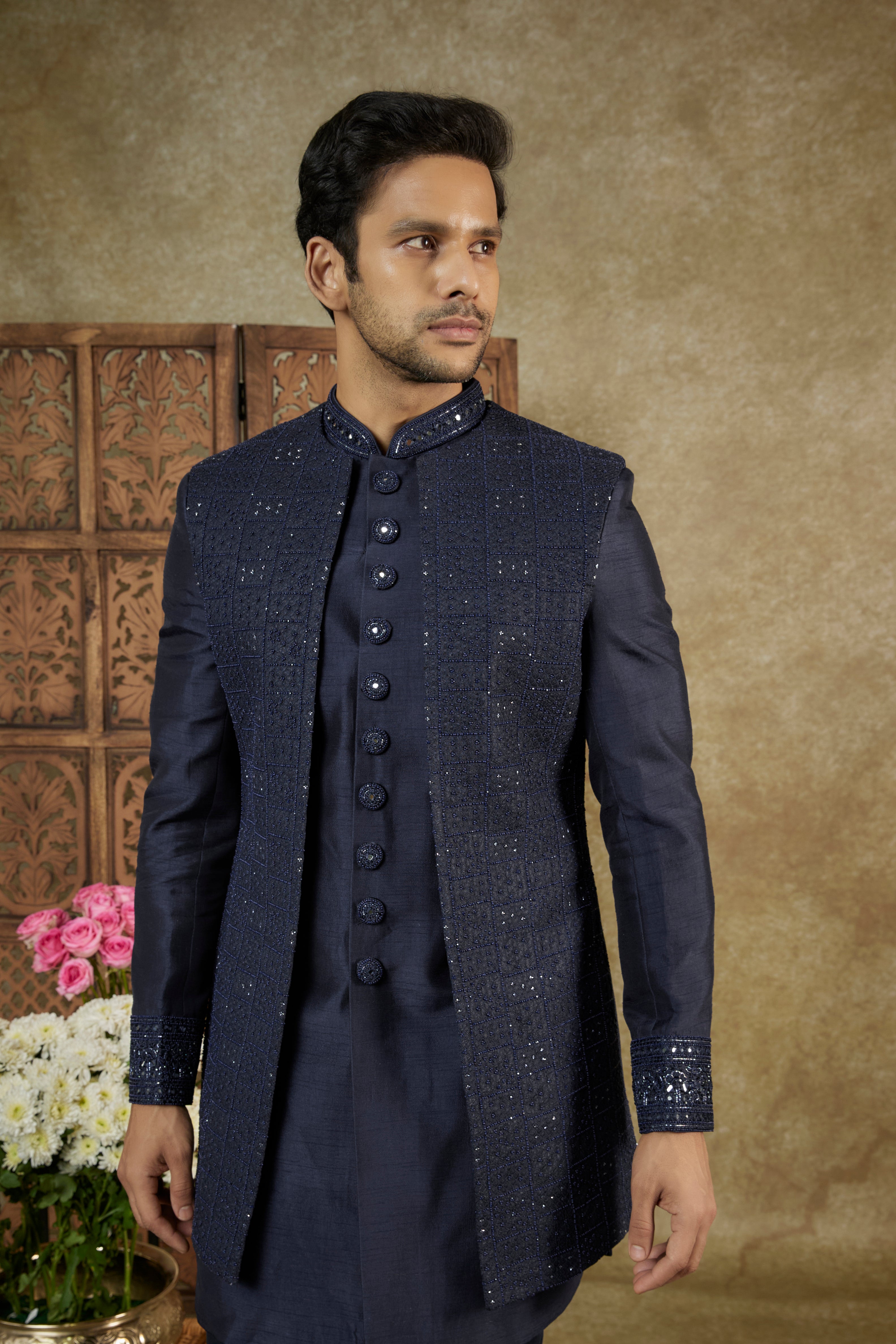 Indigo Blue Silk Open Indowestern Set