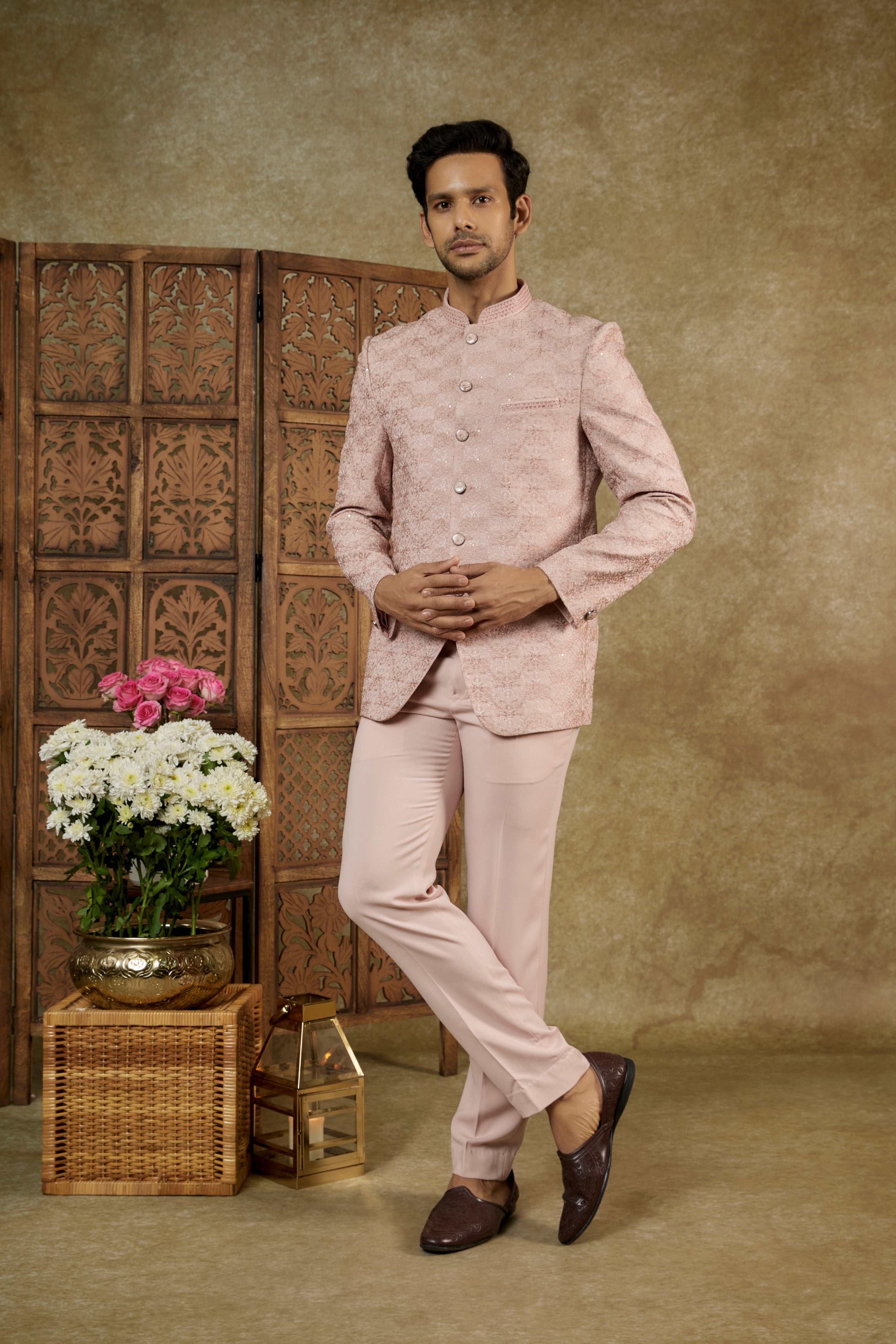 Rose Peach Jacquard Jodhpuri Set