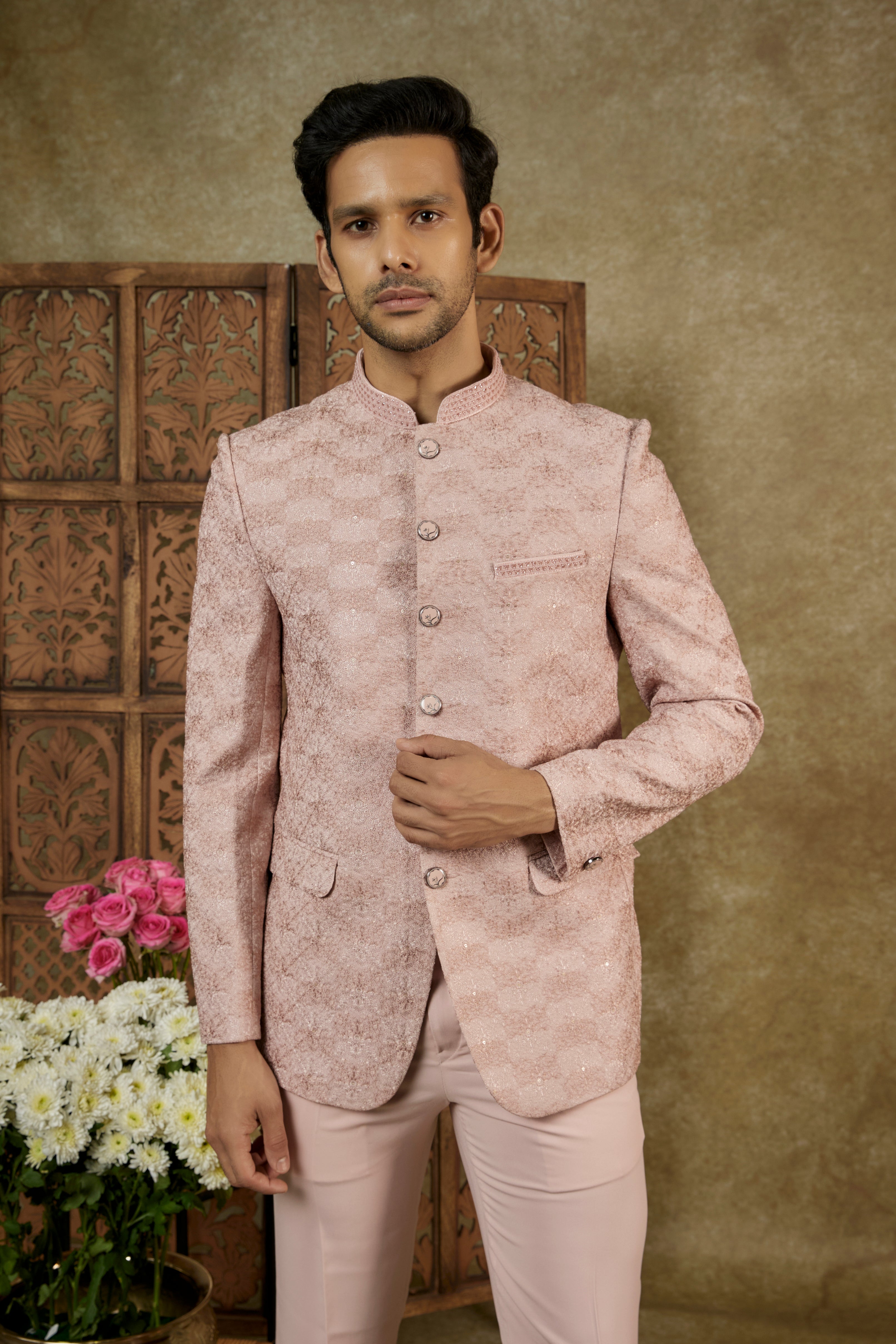 Rose Peach Jacquard Jodhpuri Set