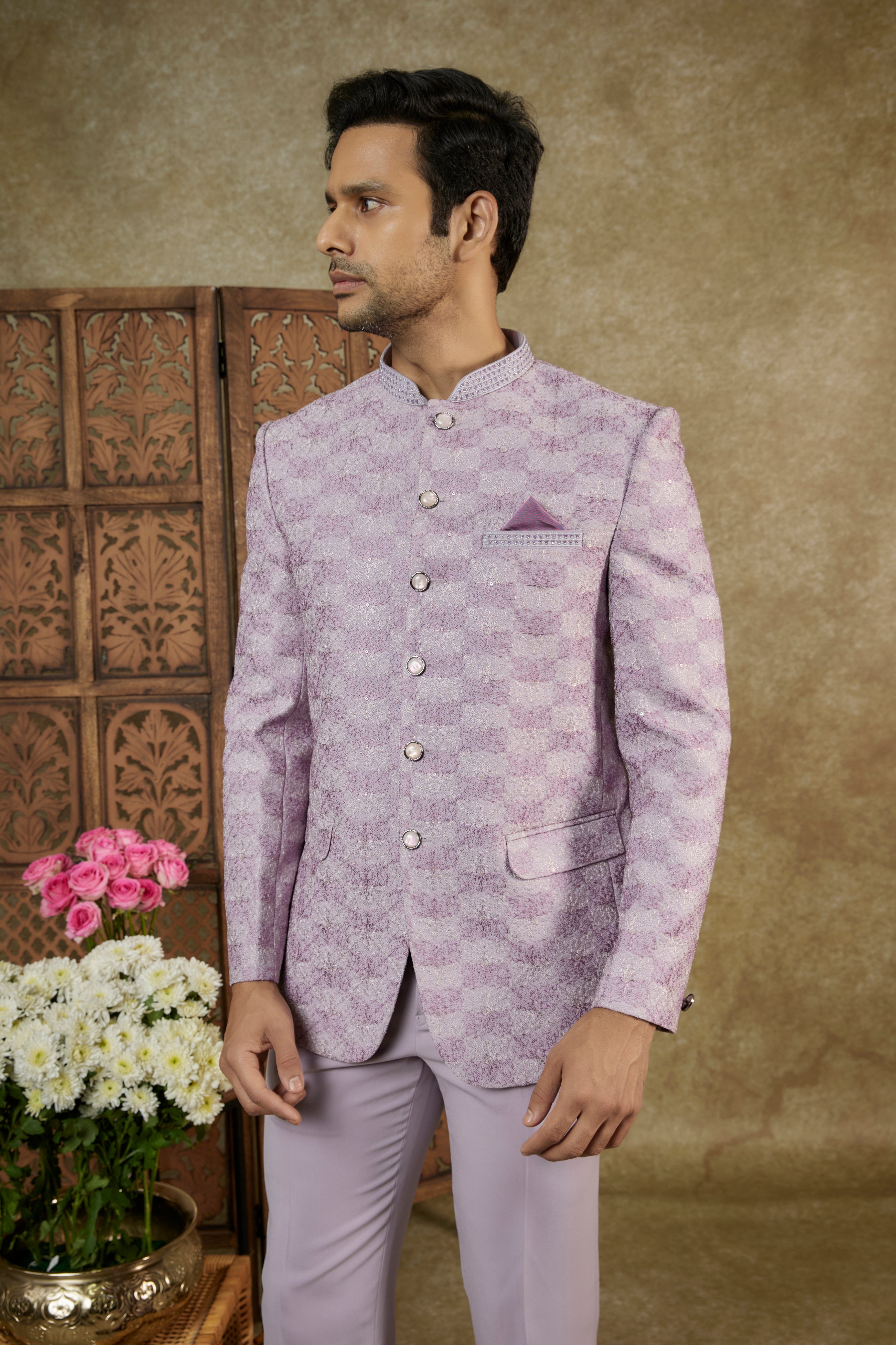 Rich Lilac Jacquard Jodhpuri Set