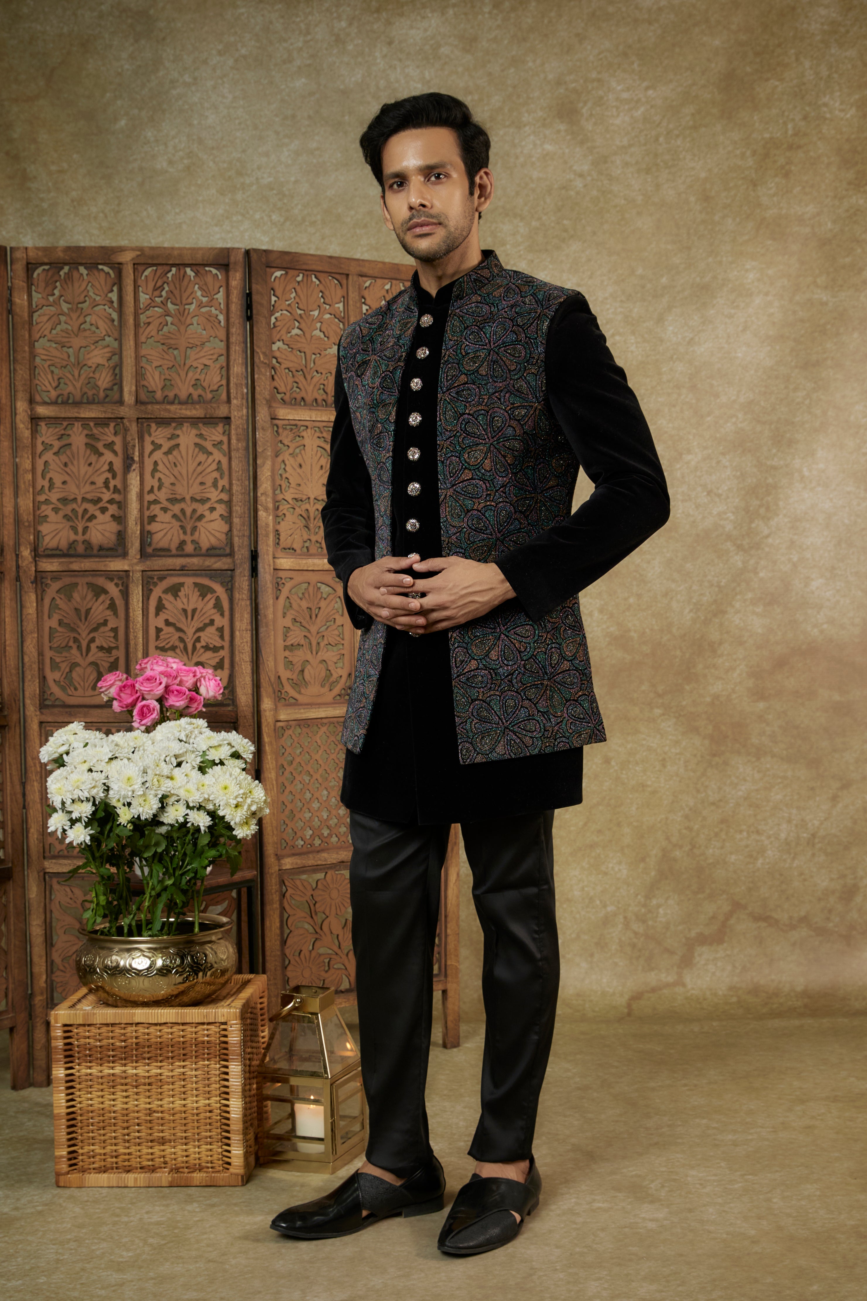 Pitch Black Velvet Jacquard Open Indowestern Set