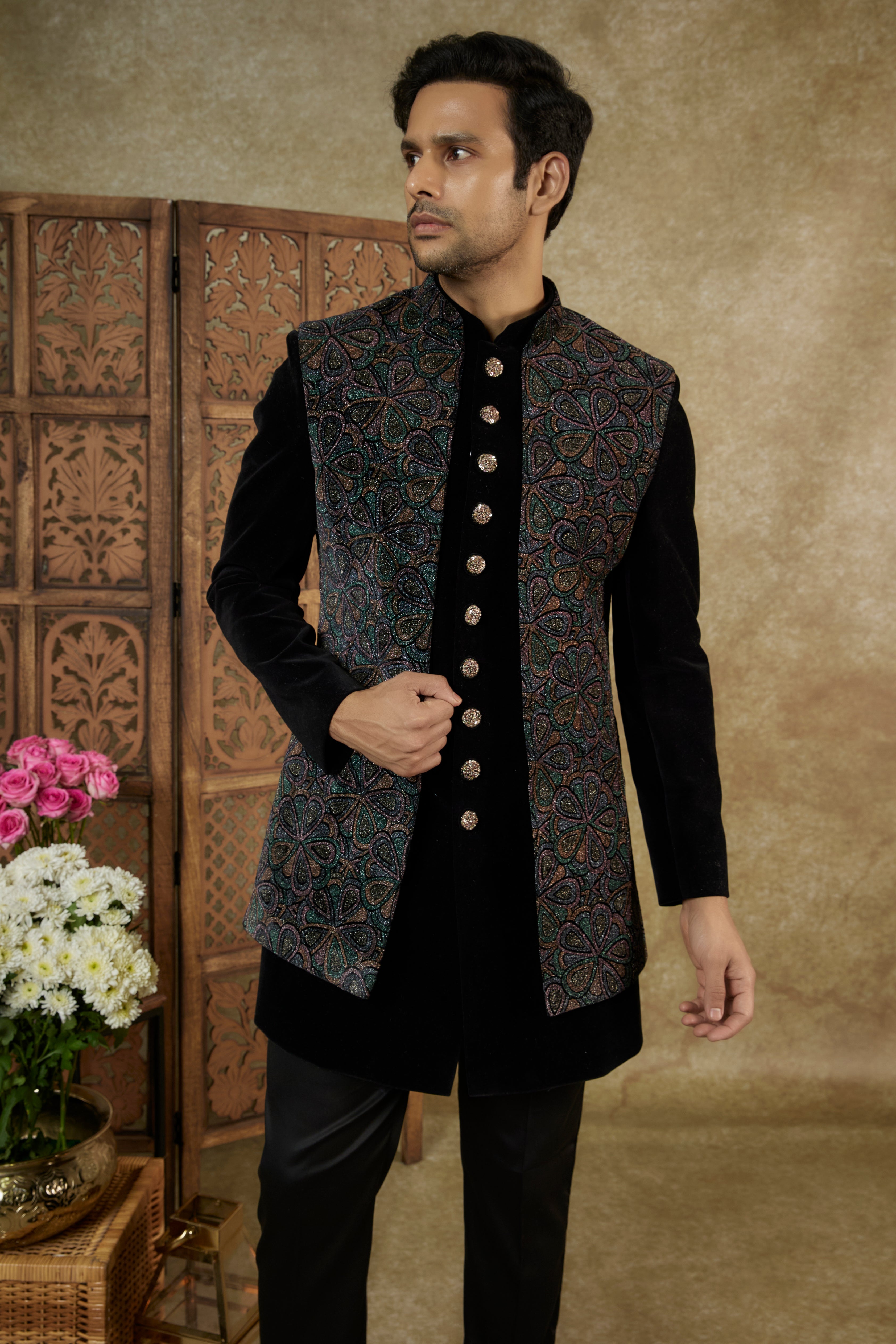 Pitch Black Velvet Jacquard Open Indowestern Set