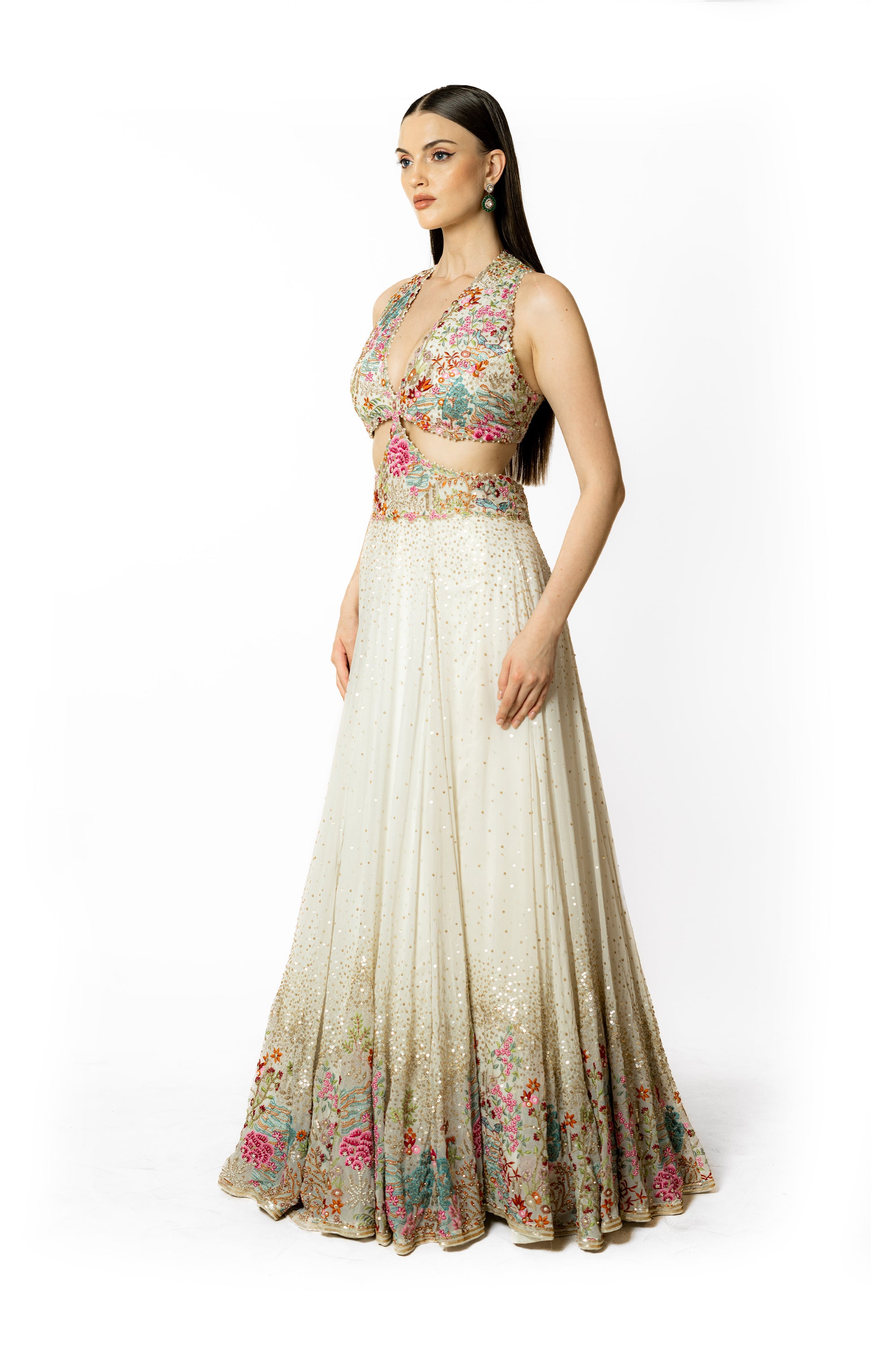 Adha Ivory Georgette Gown- side view