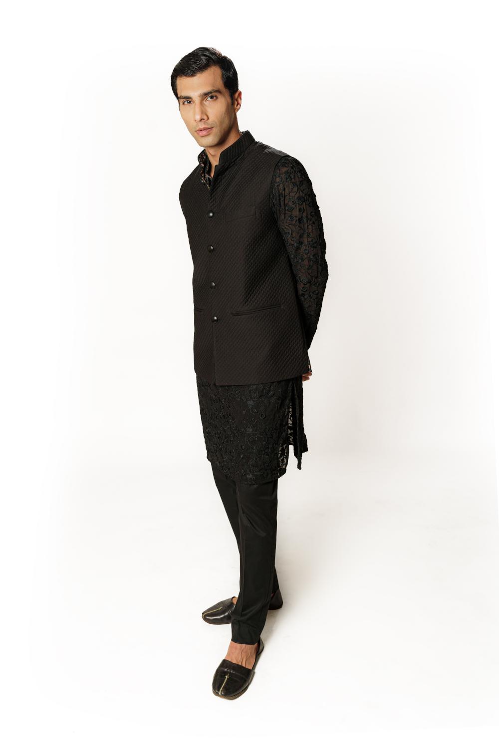 BLACK GORGETTE FULLY RESHAM/THREAD JAAL UNLINED KURTA W QUILTED BUNDI W COTTON SILK PANT