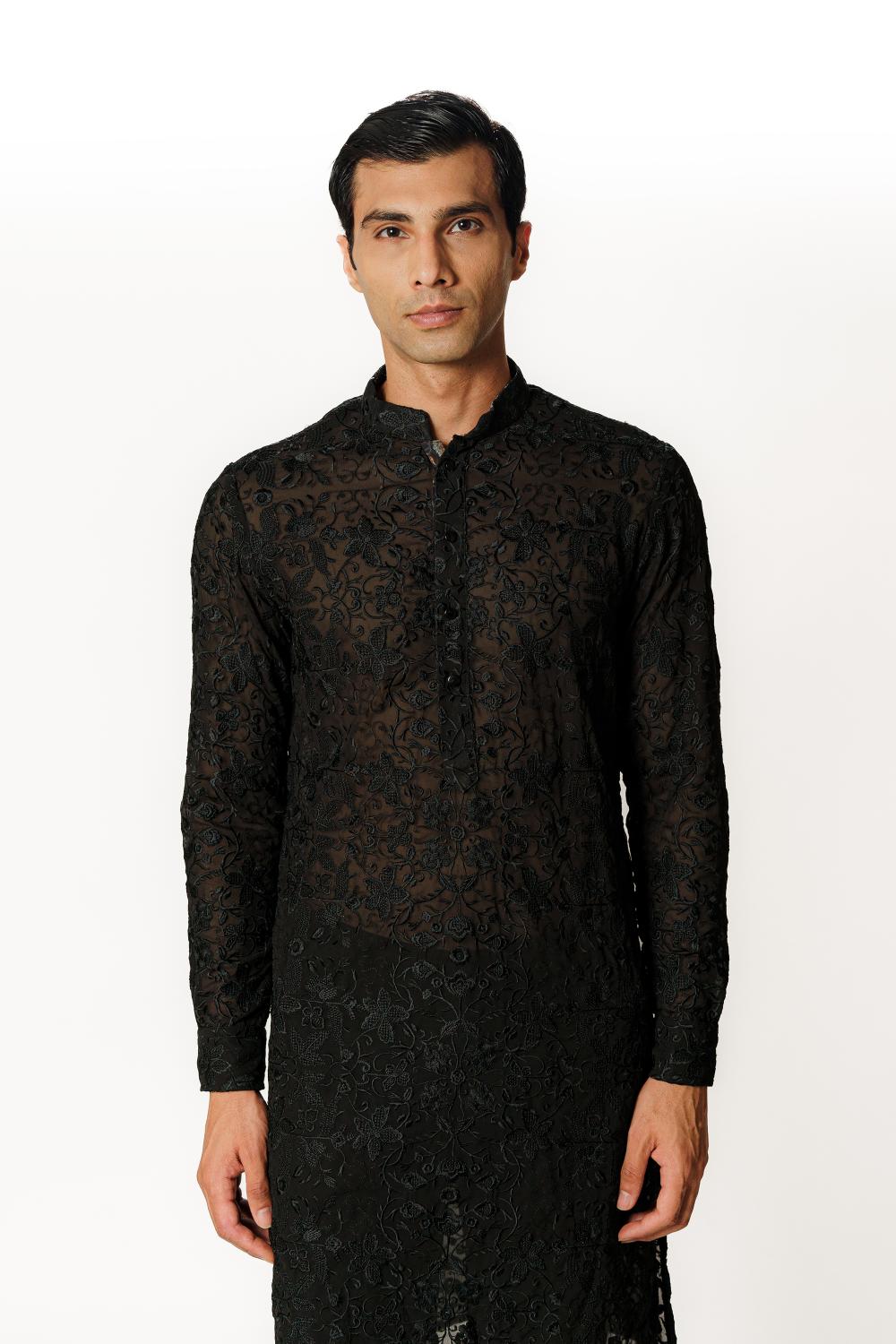 BLACK GORGETTE FULLY RESHAM/THREAD JAAL UNLINED KURTA W COTTON SILK PANT