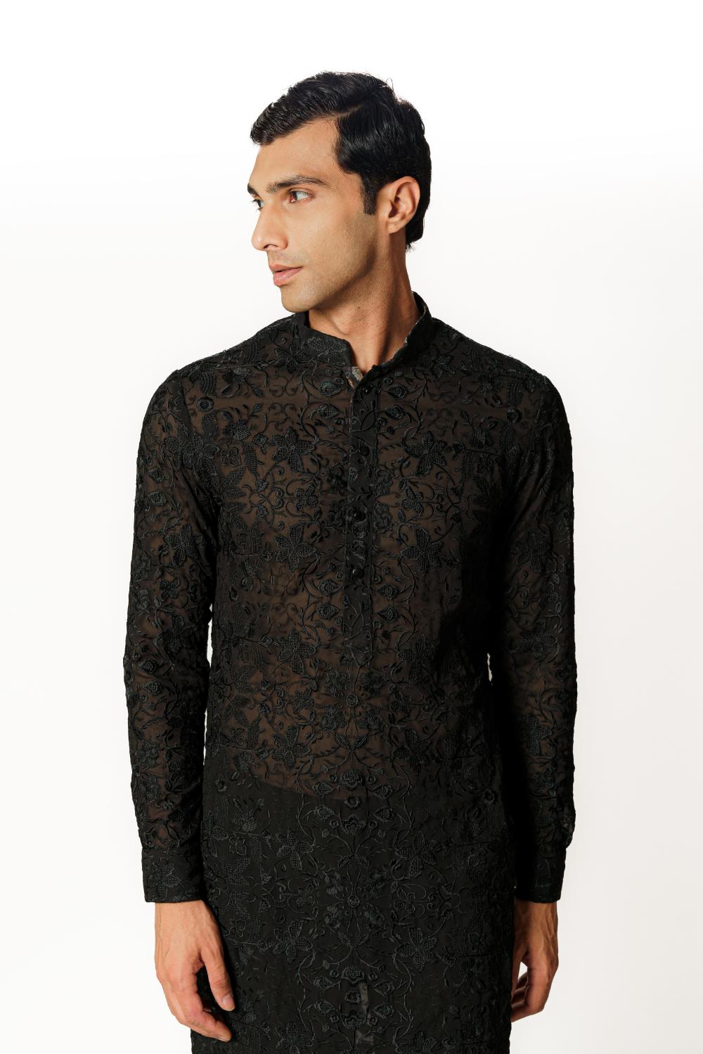 BLACK GORGETTE FULLY RESHAM/THREAD JAAL UNLINED KURTA W COTTON SILK PANT