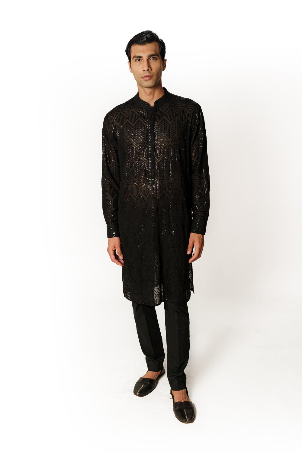 BLACK GORGETTE FULLY SEQUIN JAAL W SEQUIN COLLAR, CUFF, PLACKET UNLINED KURTA W COTTON SILK PANT