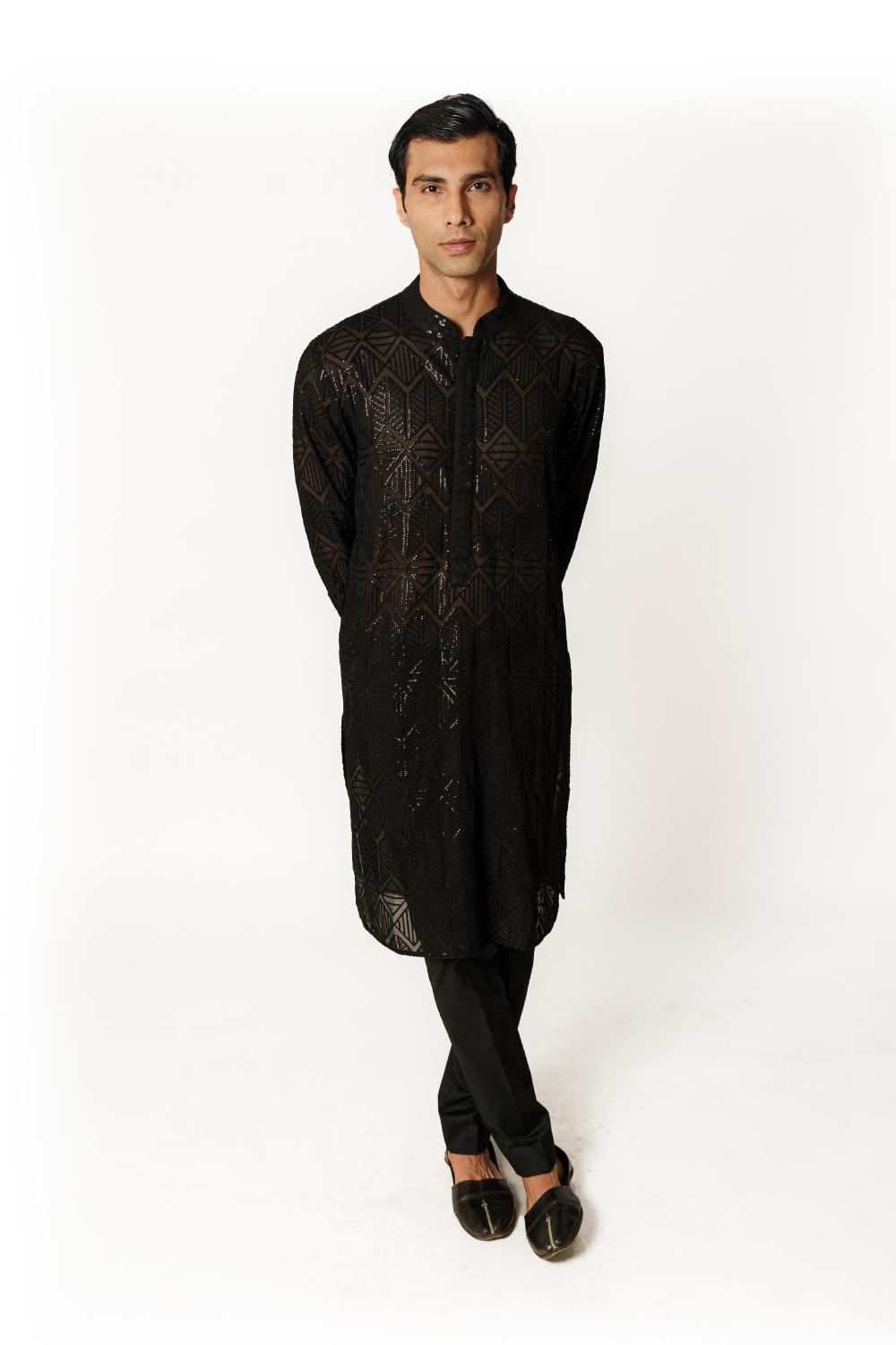 BLACK GORGETTE FULLY SEQUIN JAAL W SEQUIN COLLAR, CUFF, PLACKET UNLINED KURTA W COTTON SILK PANT